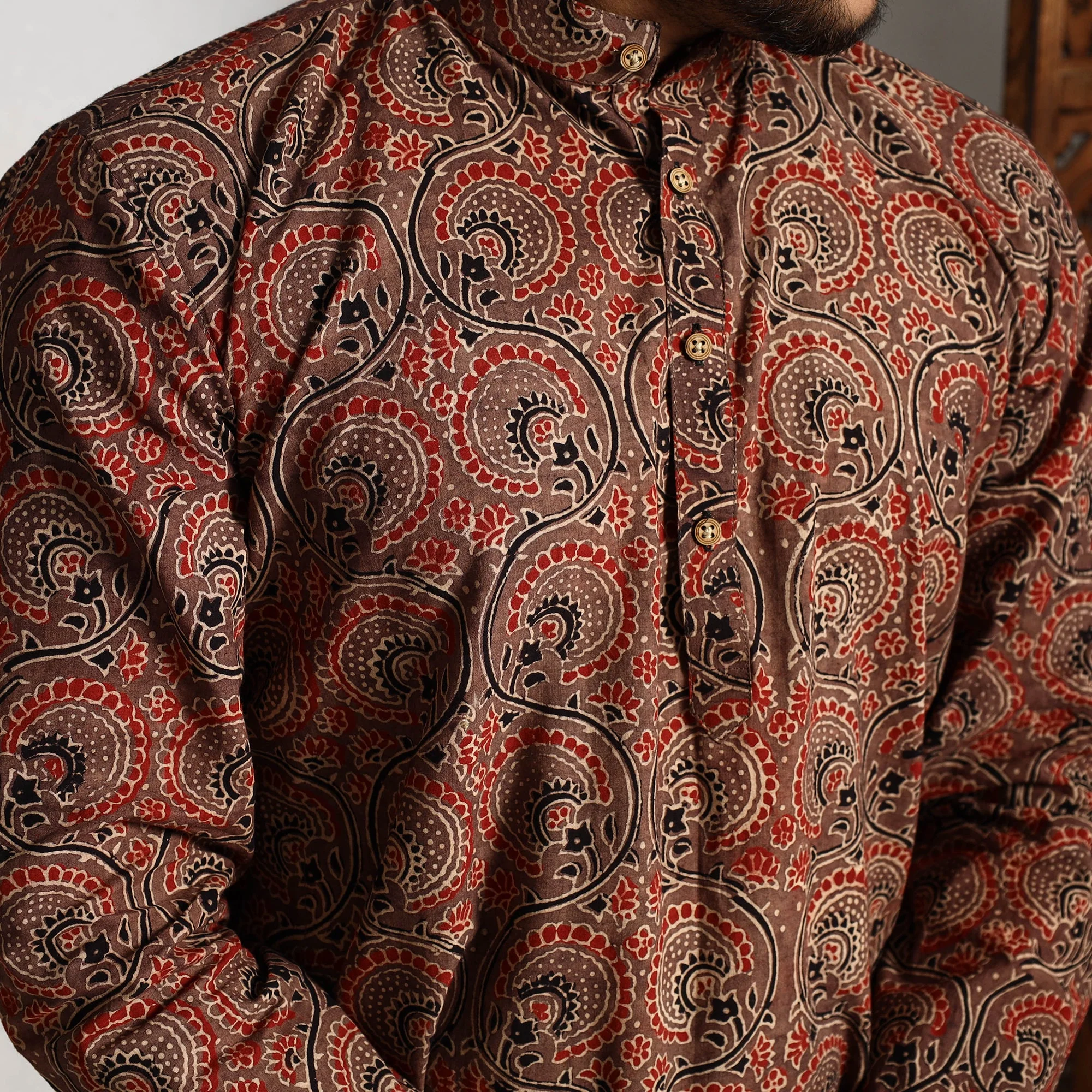 Brown - Ajrakh Block Printed Cotton Men Long Kurta - Image 4
