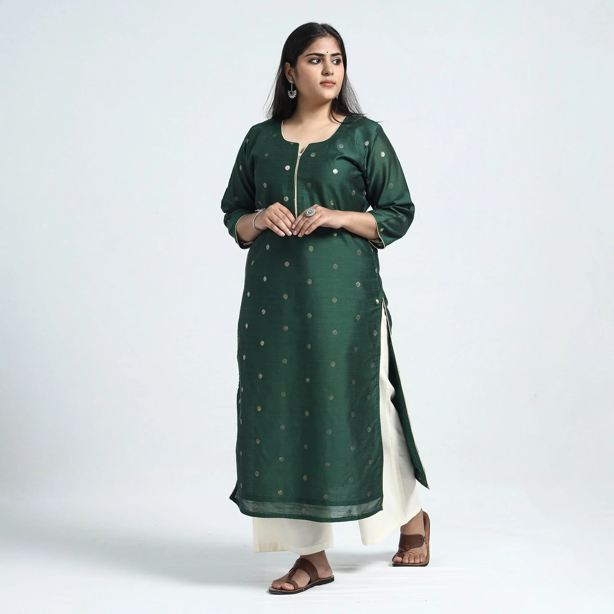 Green - Polka Zari Buti Spun Dupion Silk Long Straight Kurta - Image 3