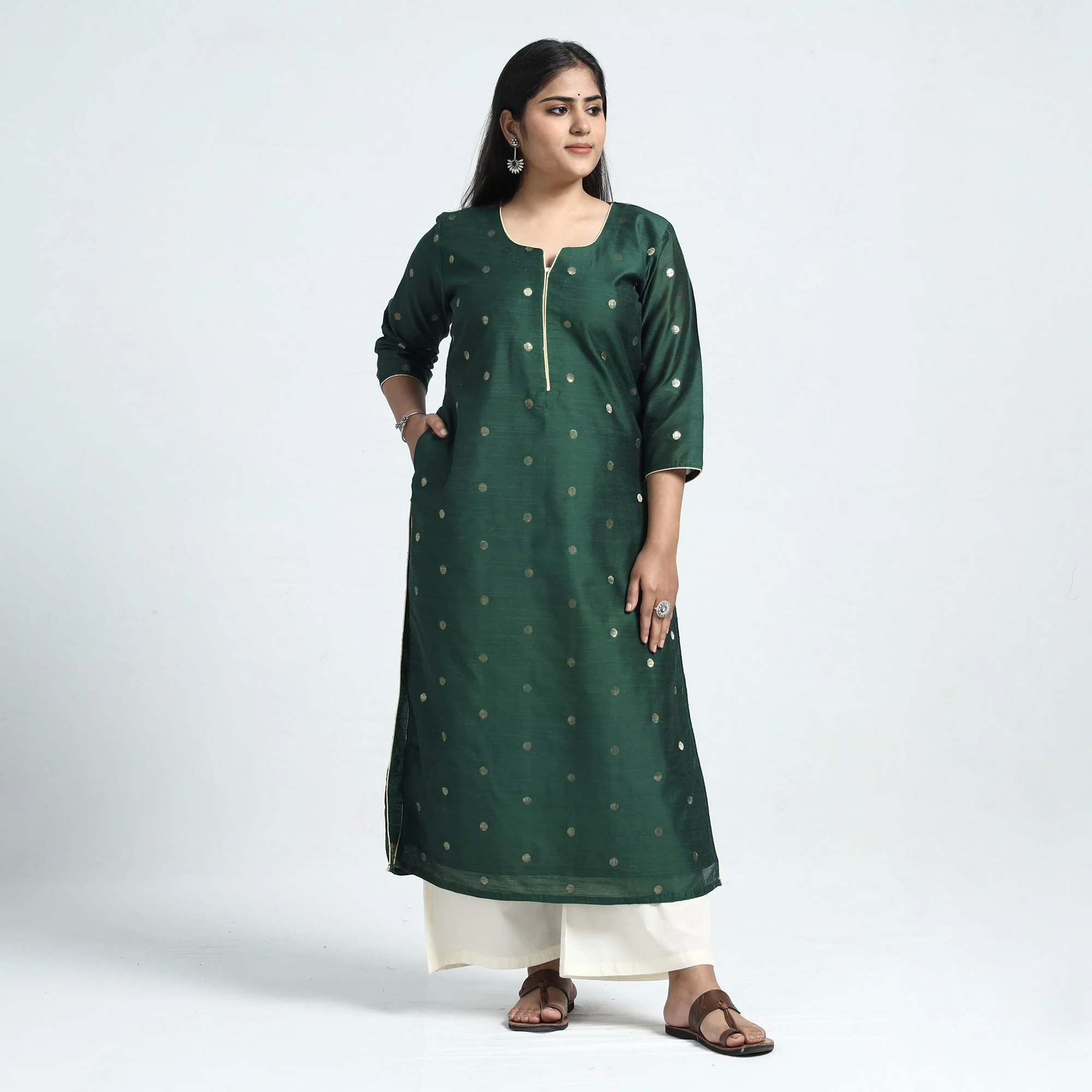 Green - Polka Zari Buti Spun Dupion Silk Long Straight Kurta - Image 4