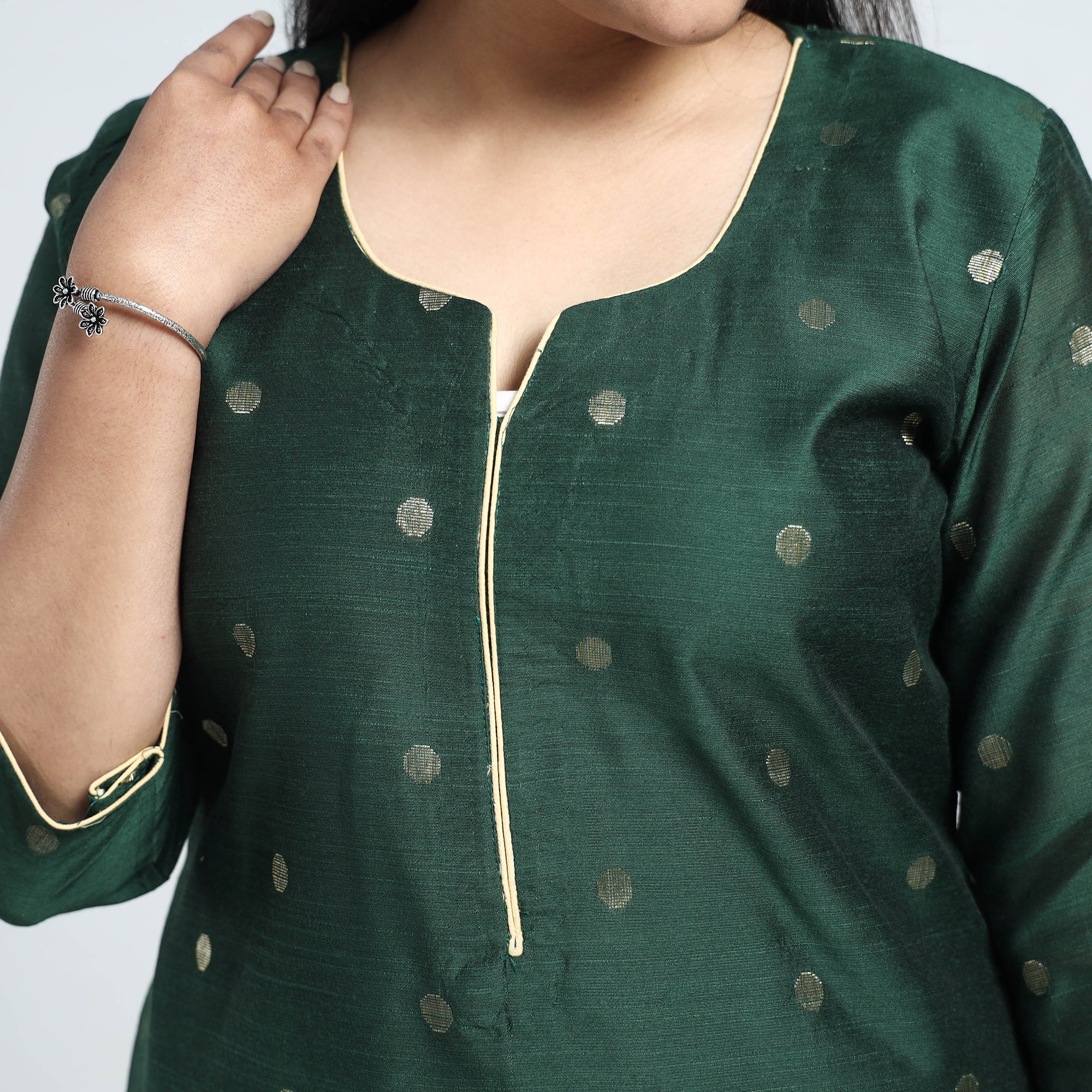 Green - Polka Zari Buti Spun Dupion Silk Long Straight Kurta - Image 5
