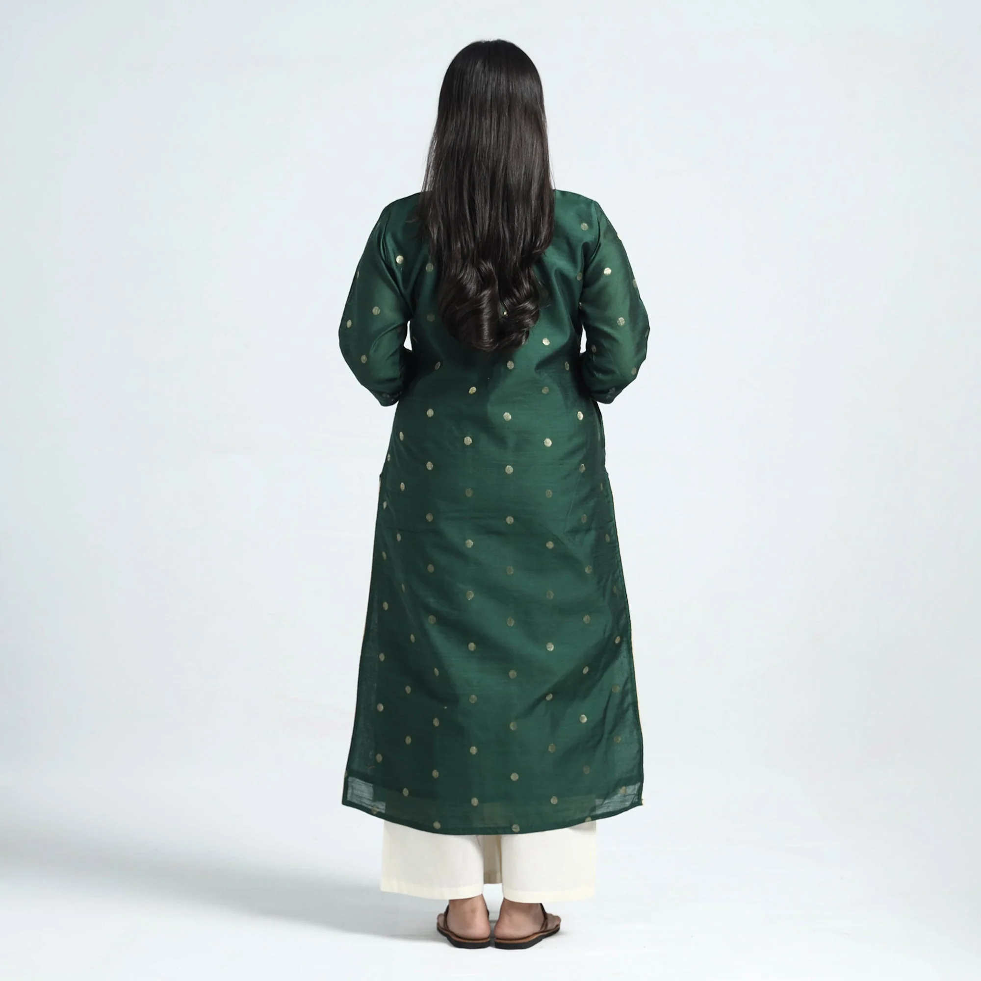 Green - Polka Zari Buti Spun Dupion Silk Long Straight Kurta - Image 7
