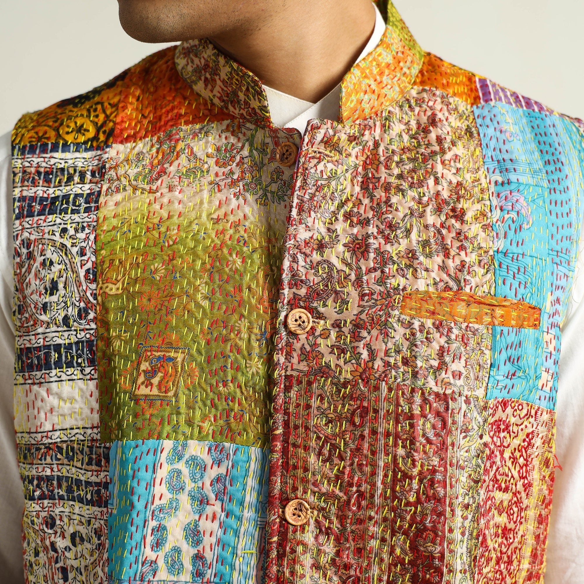 Multicolor - Kantha Embroidery Silk Patchwork Nehru Jacket 11 - Image 6