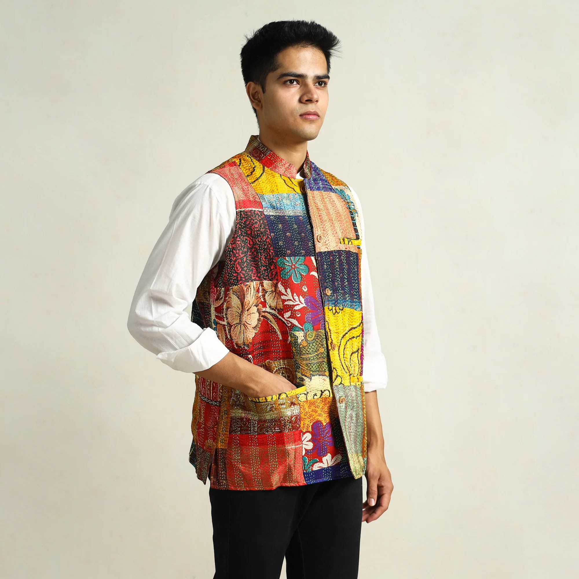 Multicolor - Kantha Embroidery Silk Patchwork Nehru Jacket 12