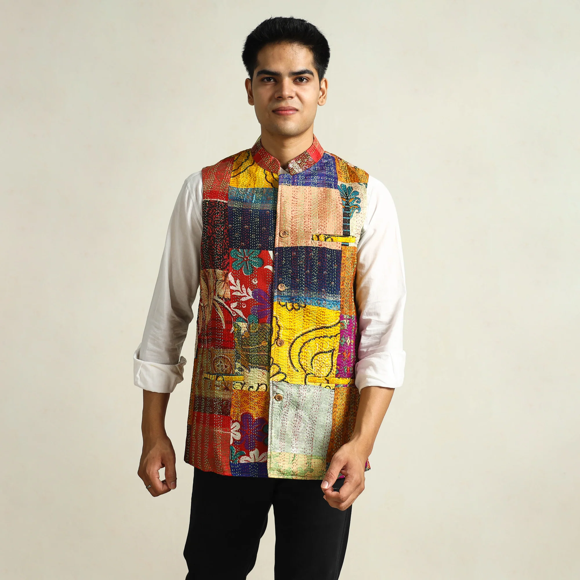 Multicolor - Kantha Embroidery Silk Patchwork Nehru Jacket 12 - Image 3