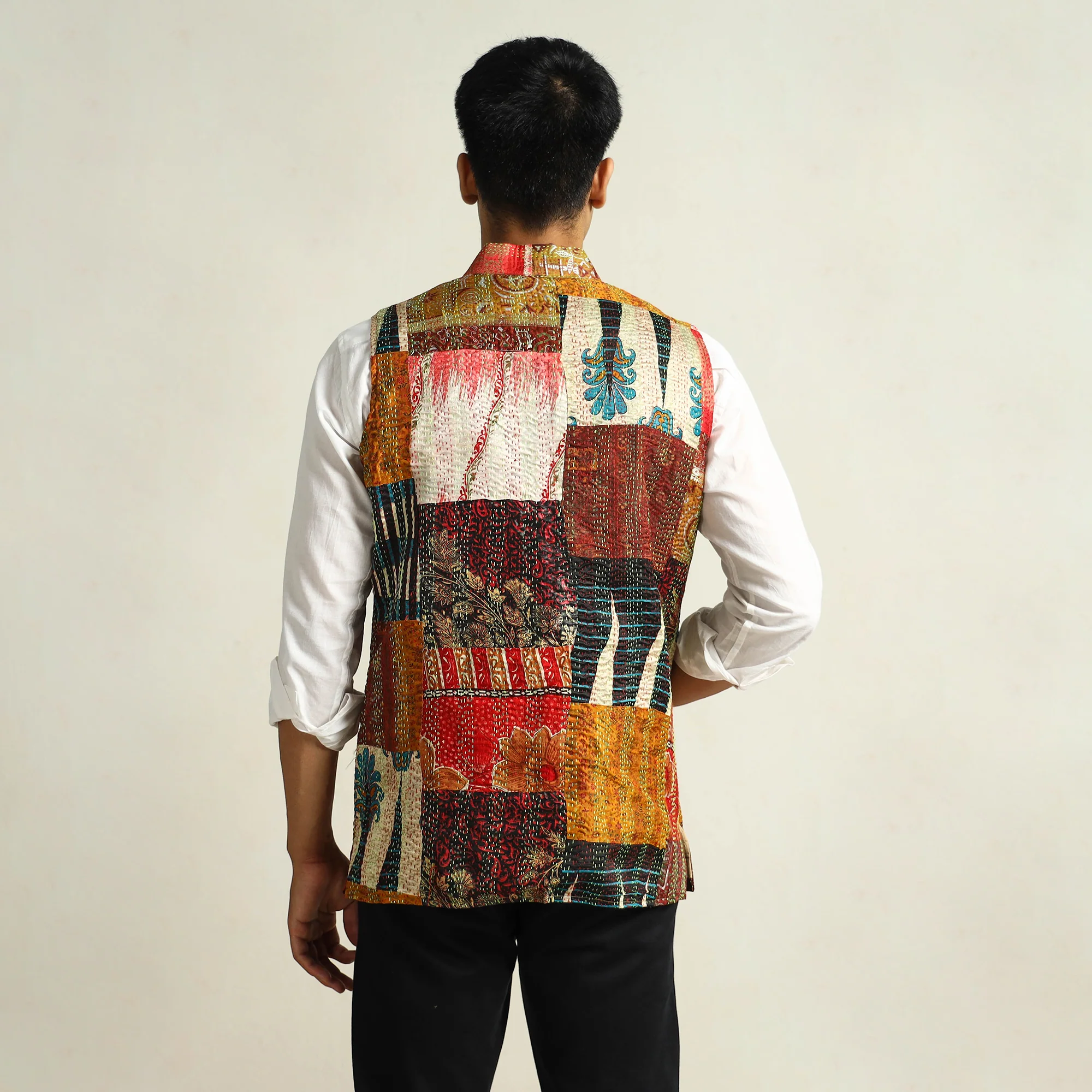 Multicolor - Kantha Embroidery Silk Patchwork Nehru Jacket 12 - Image 5