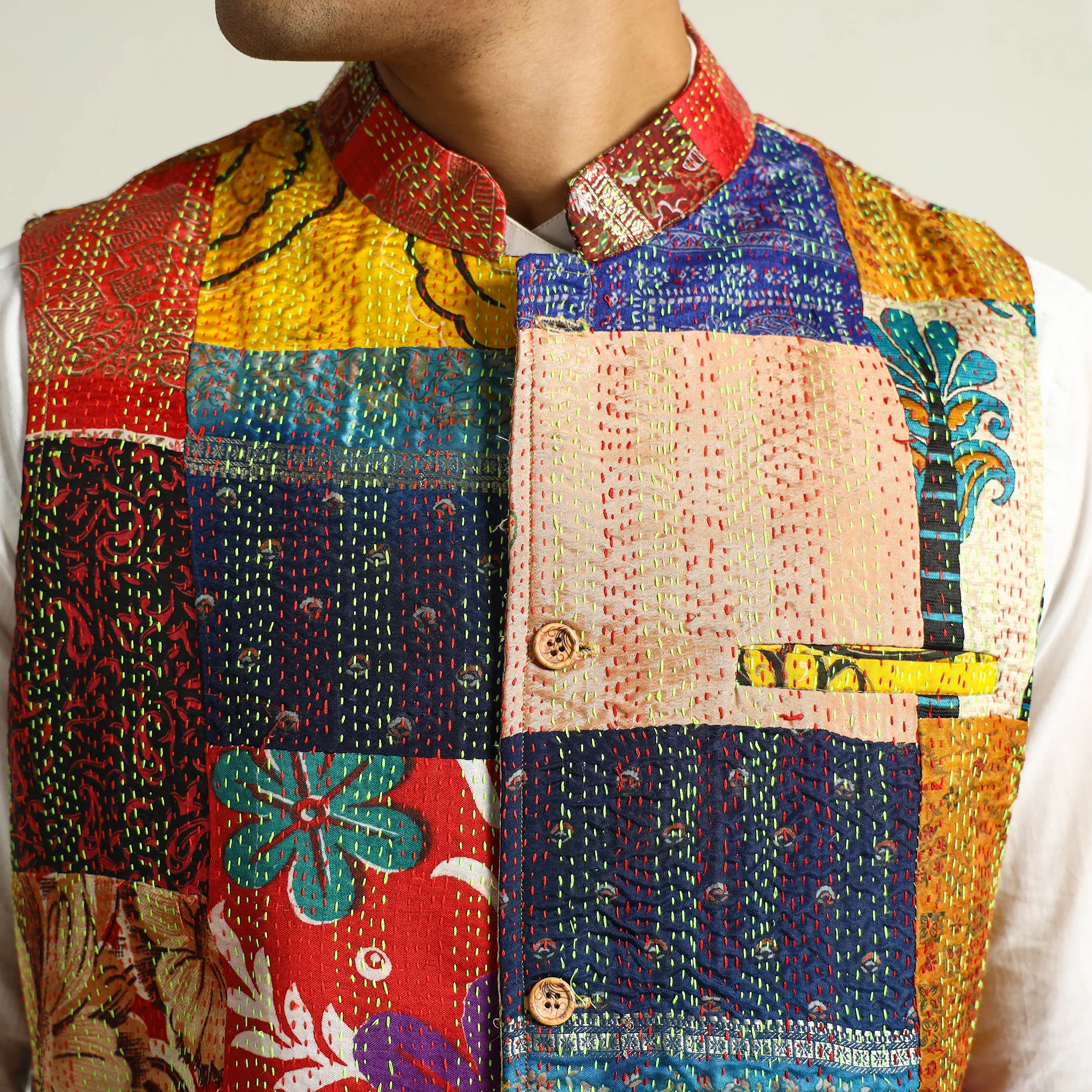 Multicolor - Kantha Embroidery Silk Patchwork Nehru Jacket 12 - Image 6