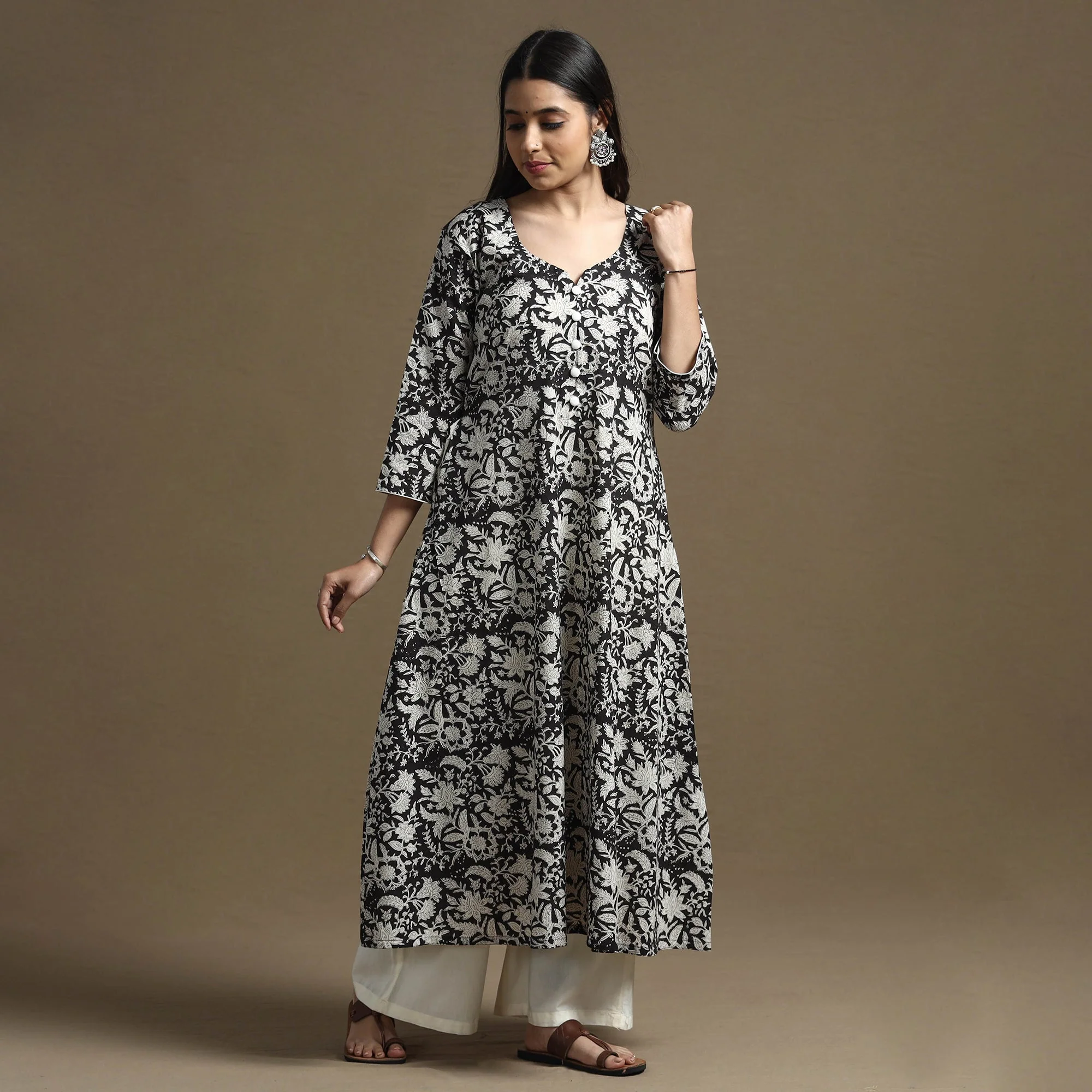 Black - Bagru Hand Block Printed Cotton A-Line Kurta - Image 3