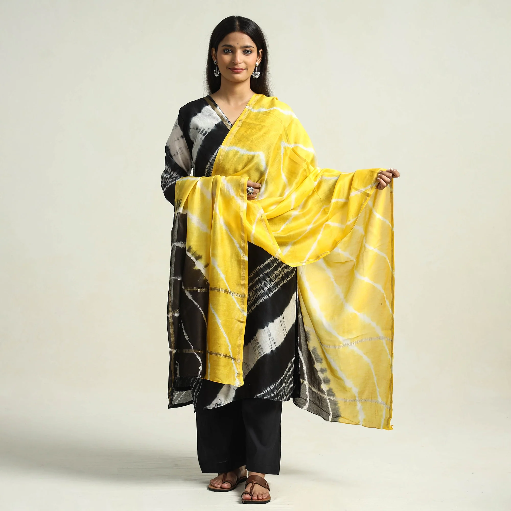 Black - Shibori Tye-Dye Chanderi Silk Kurta with Palazzo & Dupatta Set - Image 2