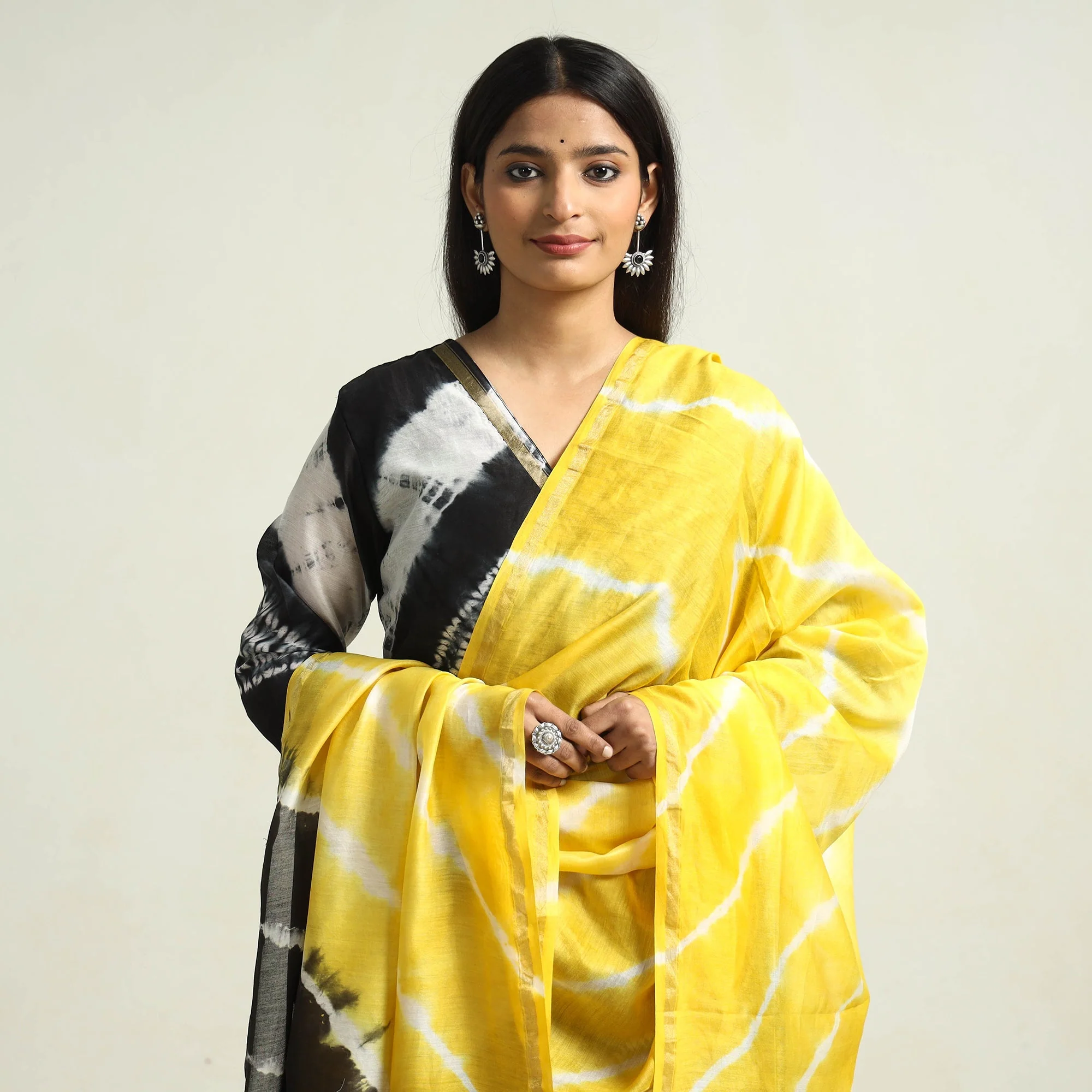 Black - Shibori Tye-Dye Chanderi Silk Kurta with Palazzo & Dupatta Set - Image 3