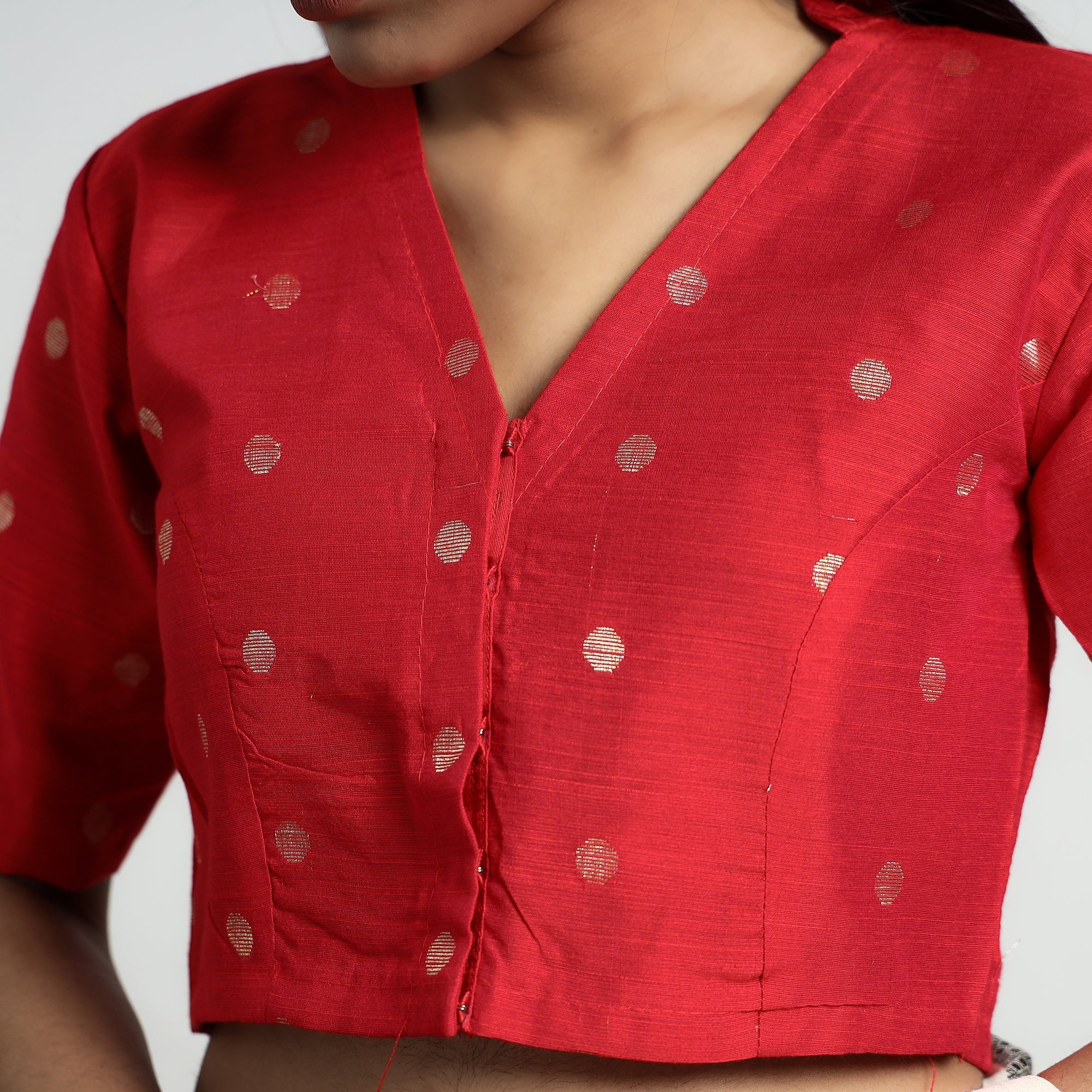 Red - Polka Dot Zari Buti Viscose Silk Stitched Mandarin Collar Blouse - Image 3