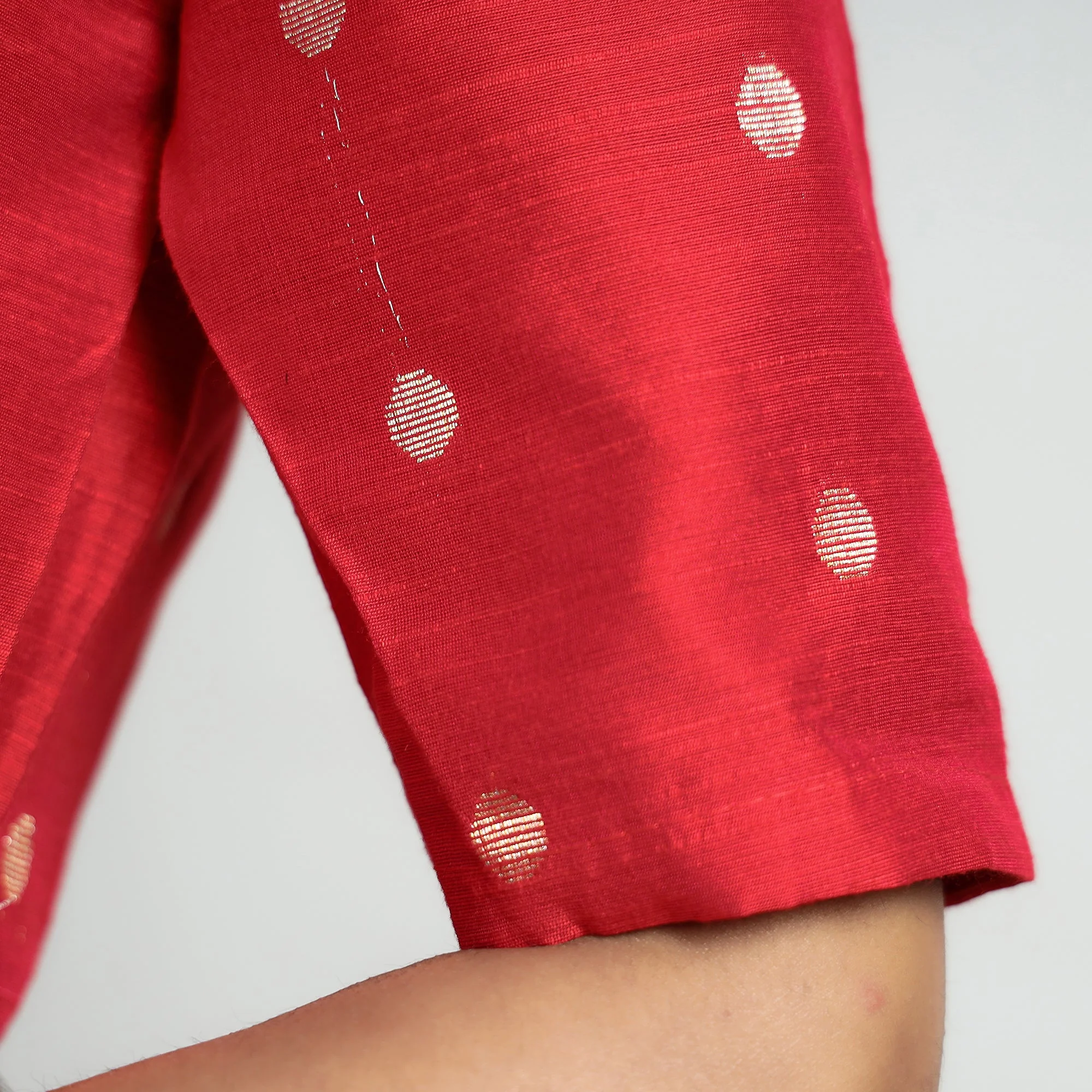 Red - Polka Dot Zari Buti Viscose Silk Stitched Mandarin Collar Blouse - Image 4