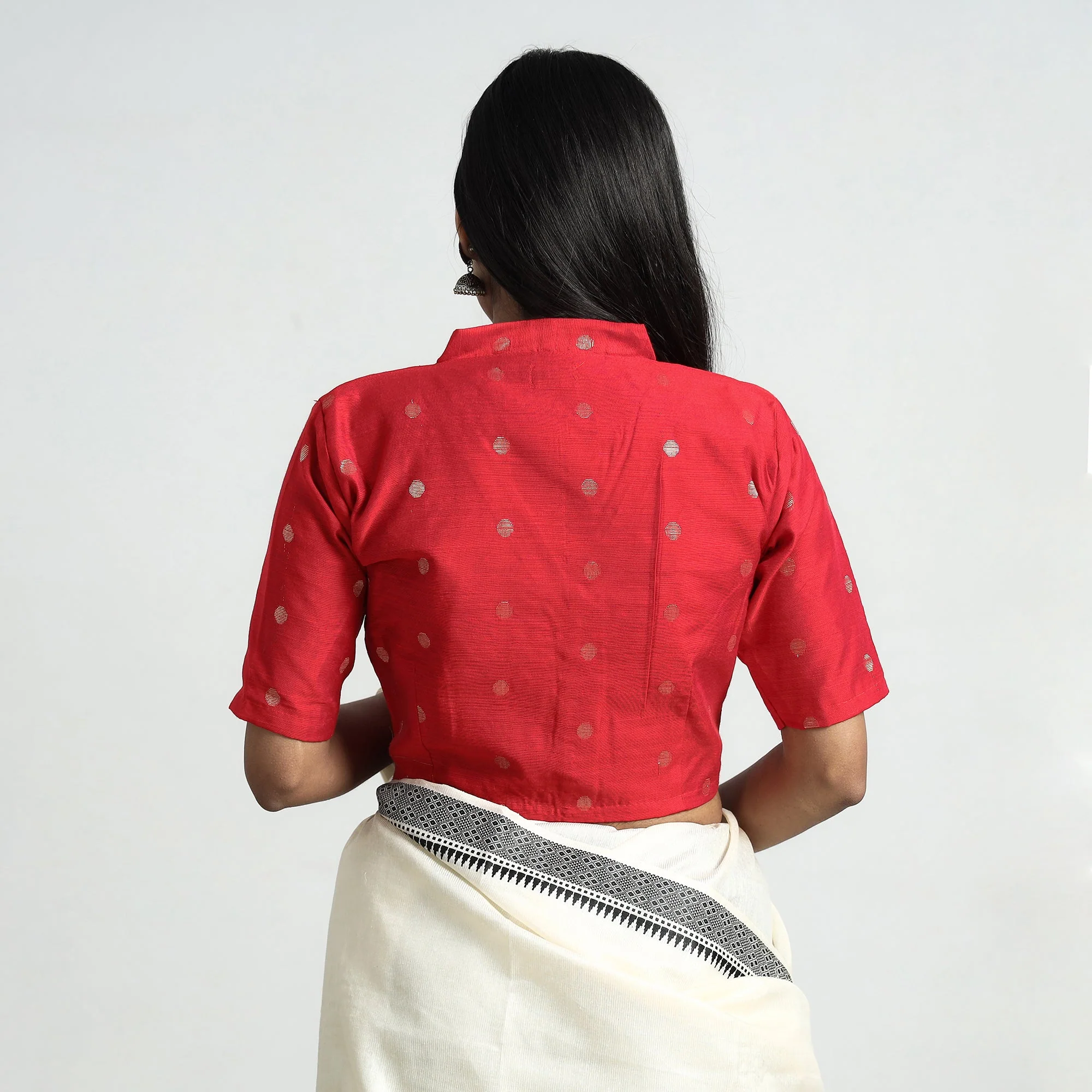 Red - Polka Dot Zari Buti Viscose Silk Stitched Mandarin Collar Blouse - Image 5