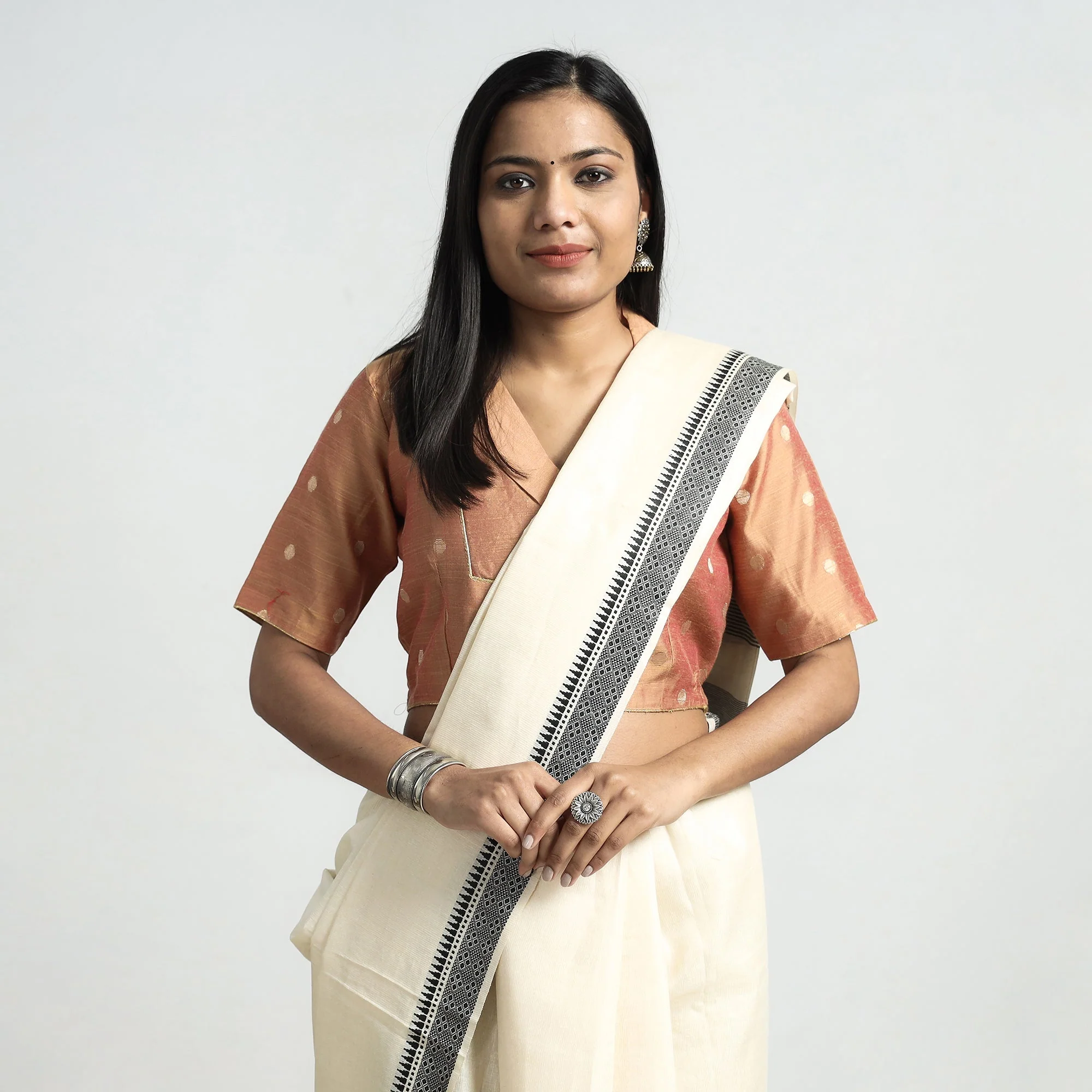 Brown - Polka Dot Zari Buti Viscose Silk Stitched Collar Blouse - Image 2