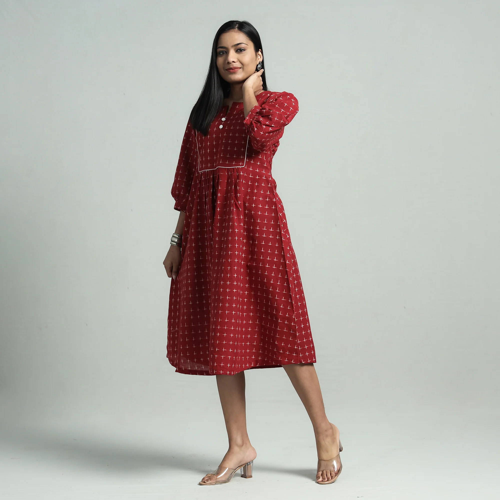 Red - Maroon - Pochampally Double Ikat Cotton Flared Dress - Image 2
