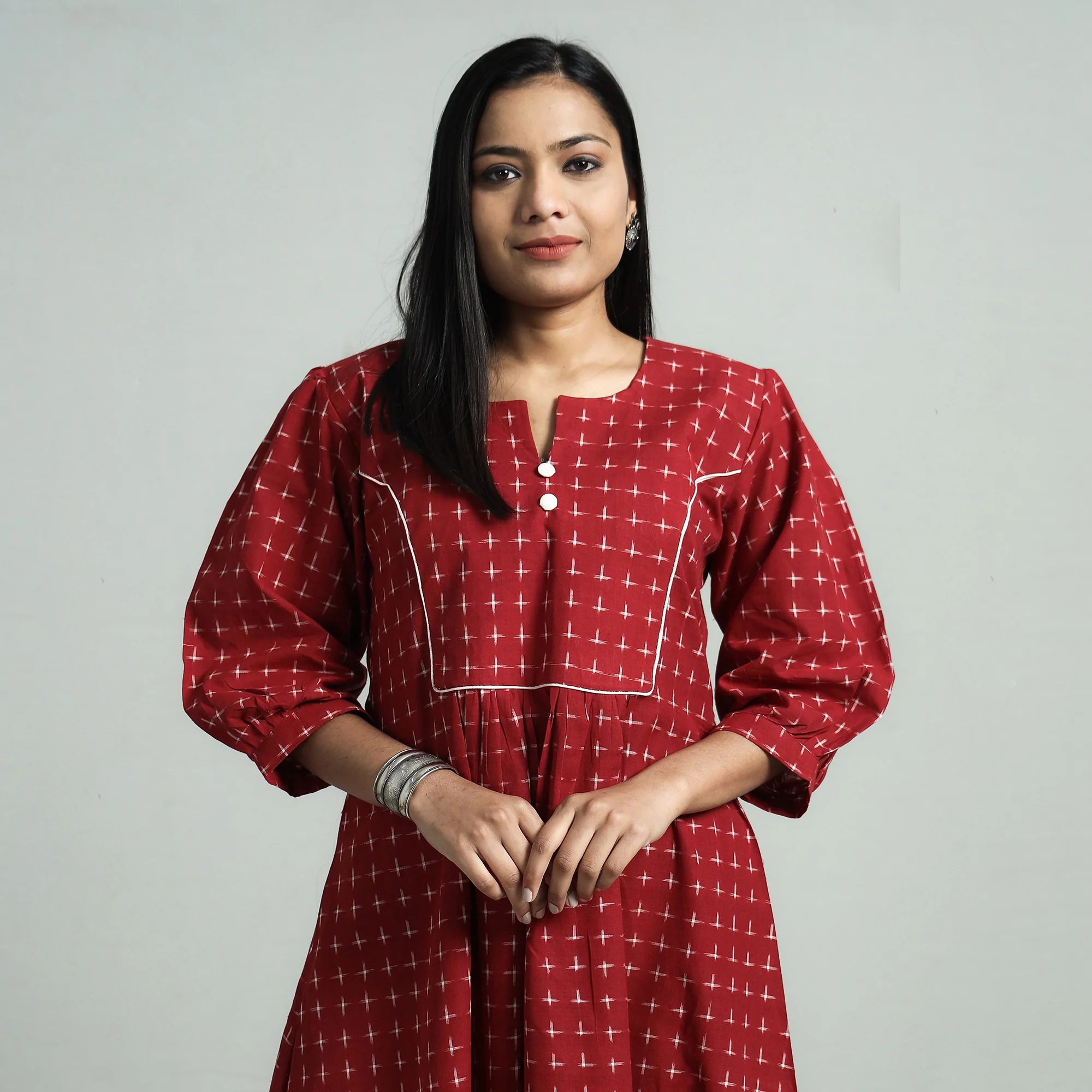 Red - Maroon - Pochampally Double Ikat Cotton Flared Dress - Image 3