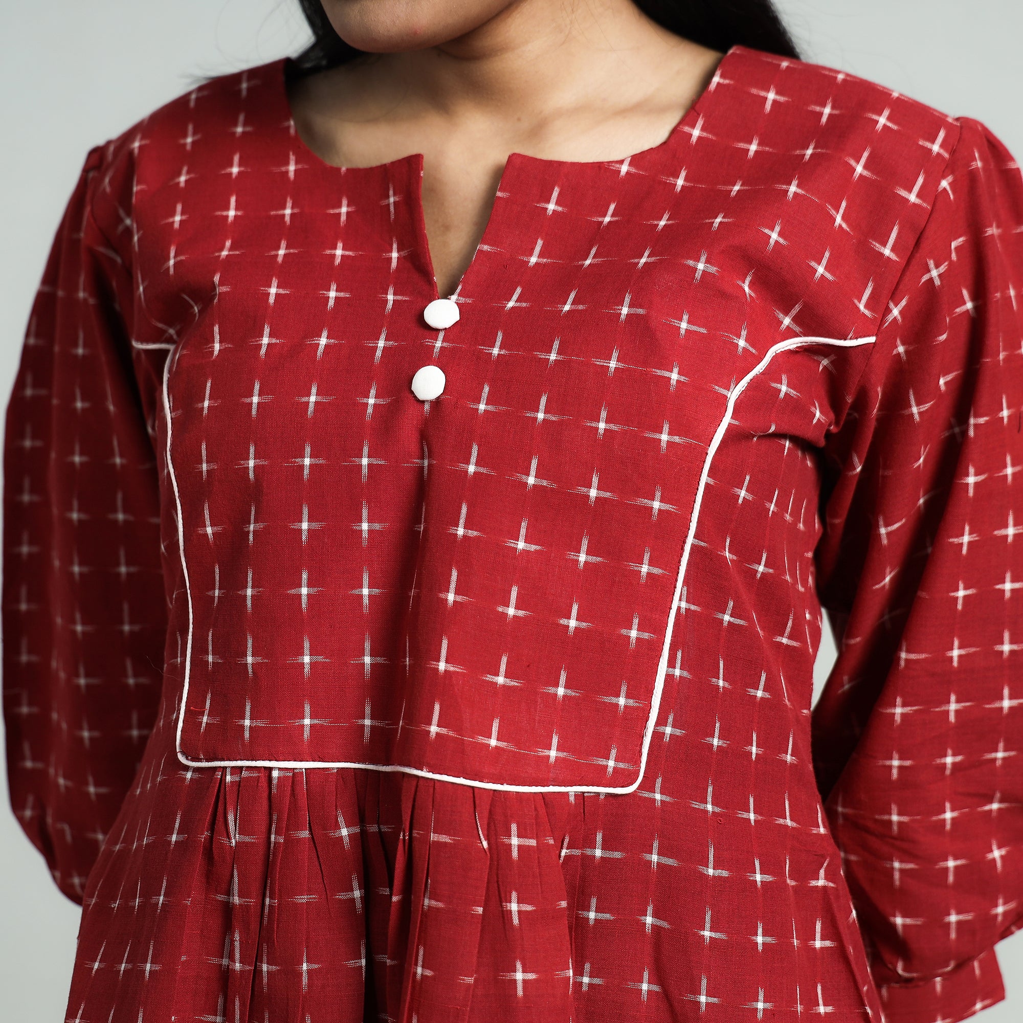 Red - Maroon - Pochampally Double Ikat Cotton Flared Dress - Image 4