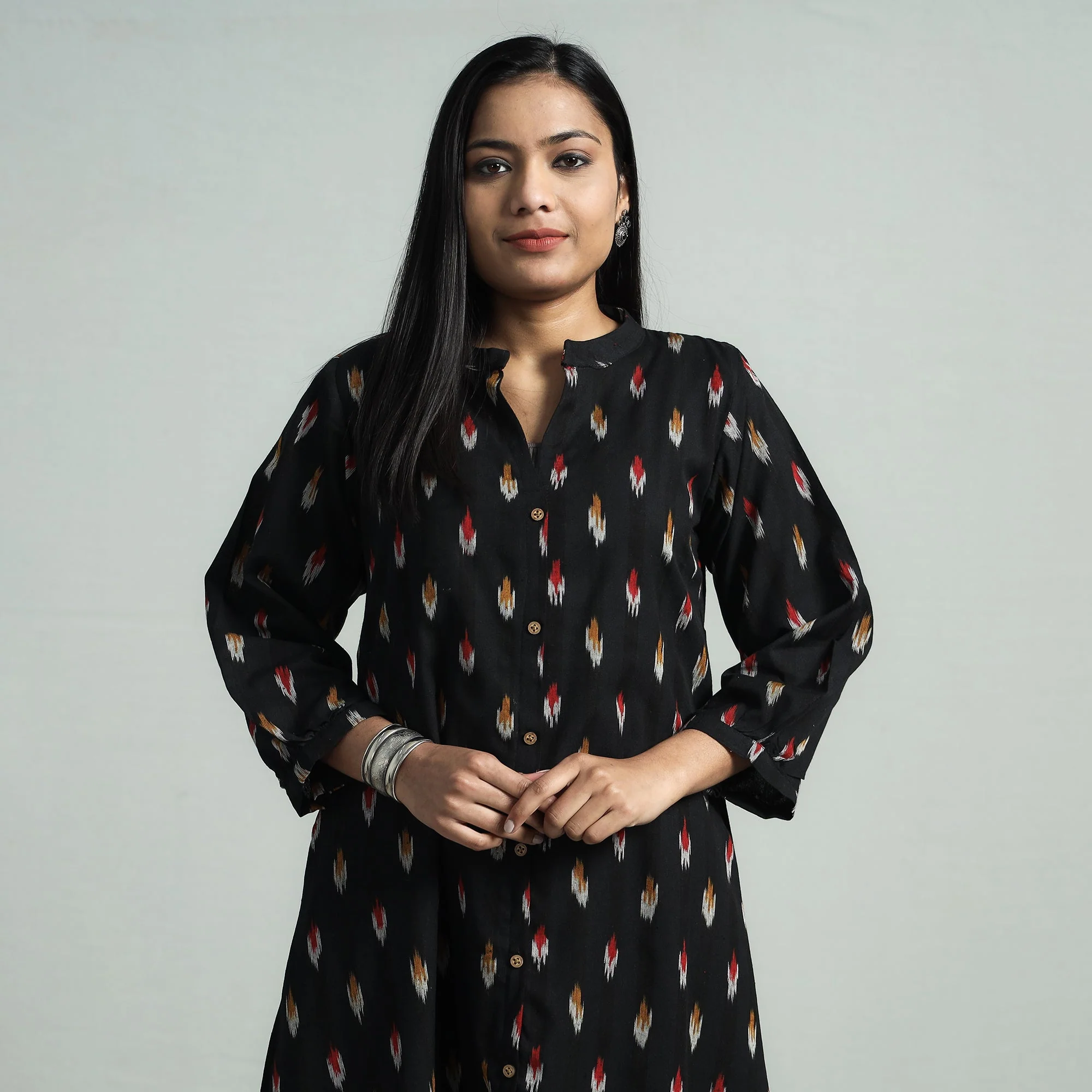 Black - Pochampally Ikat Cotton Flared Dress - Image 3
