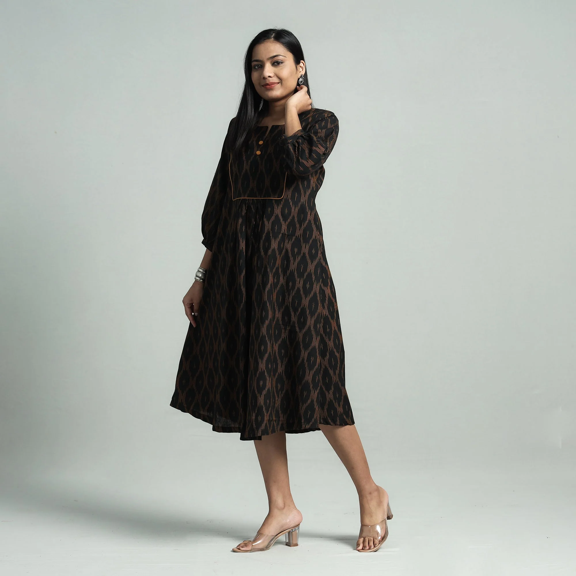 Black - Black - Pochampally Ikat Cotton Flared Dress - Image 2