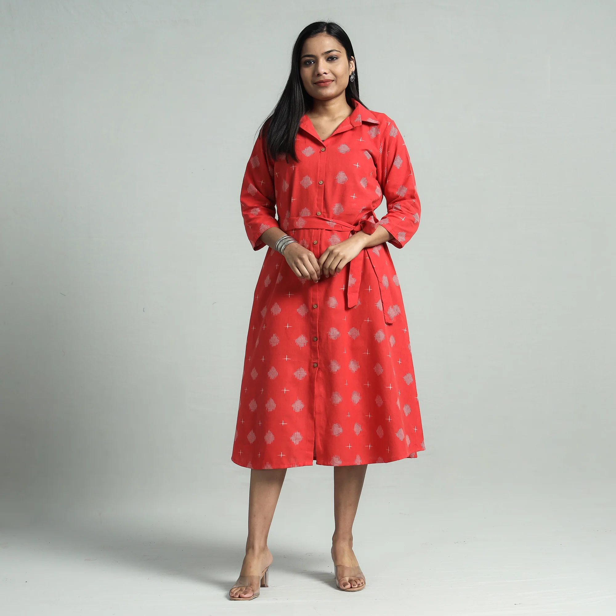 Red - Pochampally Double Ikat Cotton Flared Dress with Belt