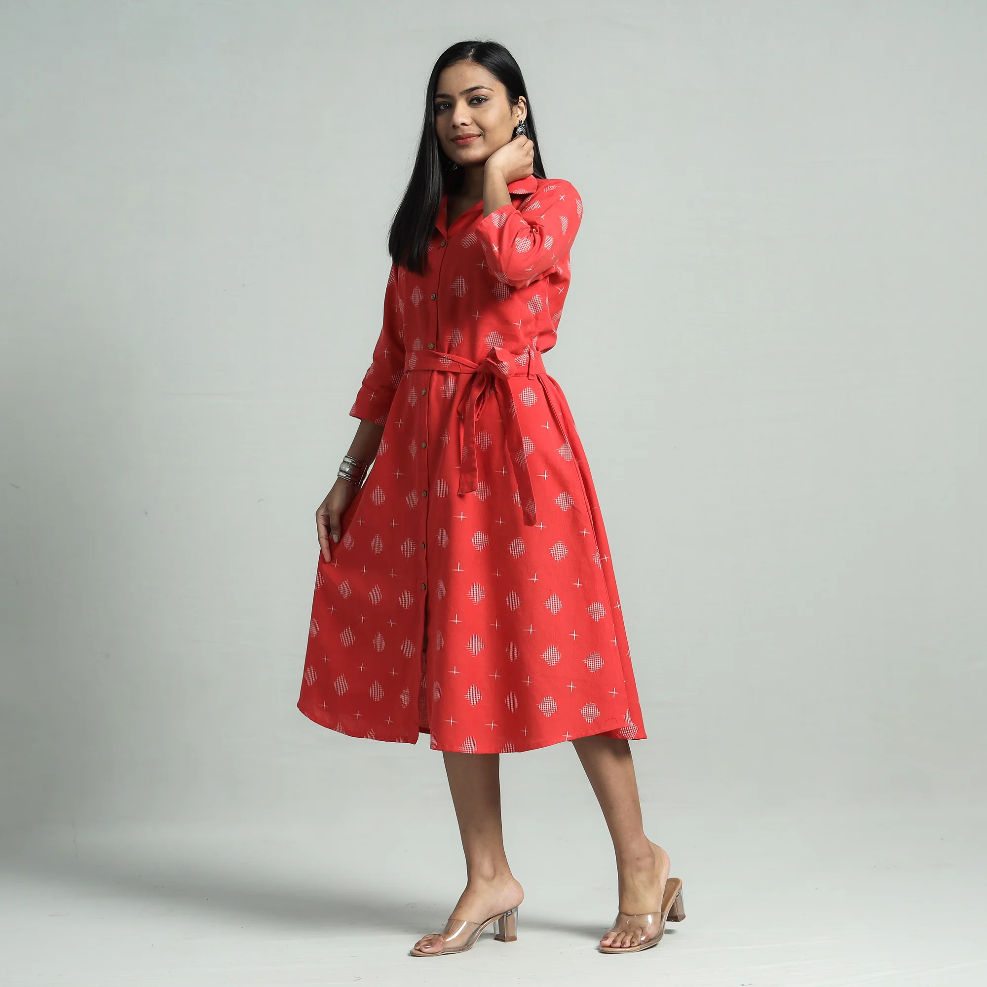Red - Pochampally Double Ikat Cotton Flared Dress with Belt - Image 2