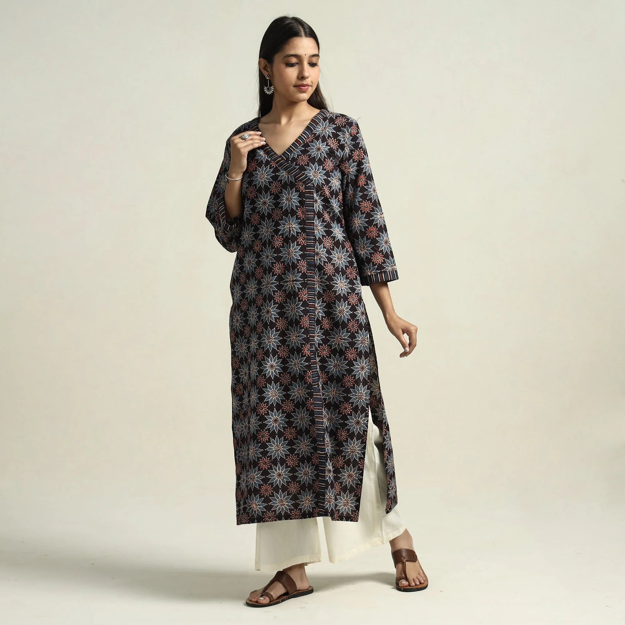Black - Ajrakh Block Printed Cotton Straight Kurta - Image 3