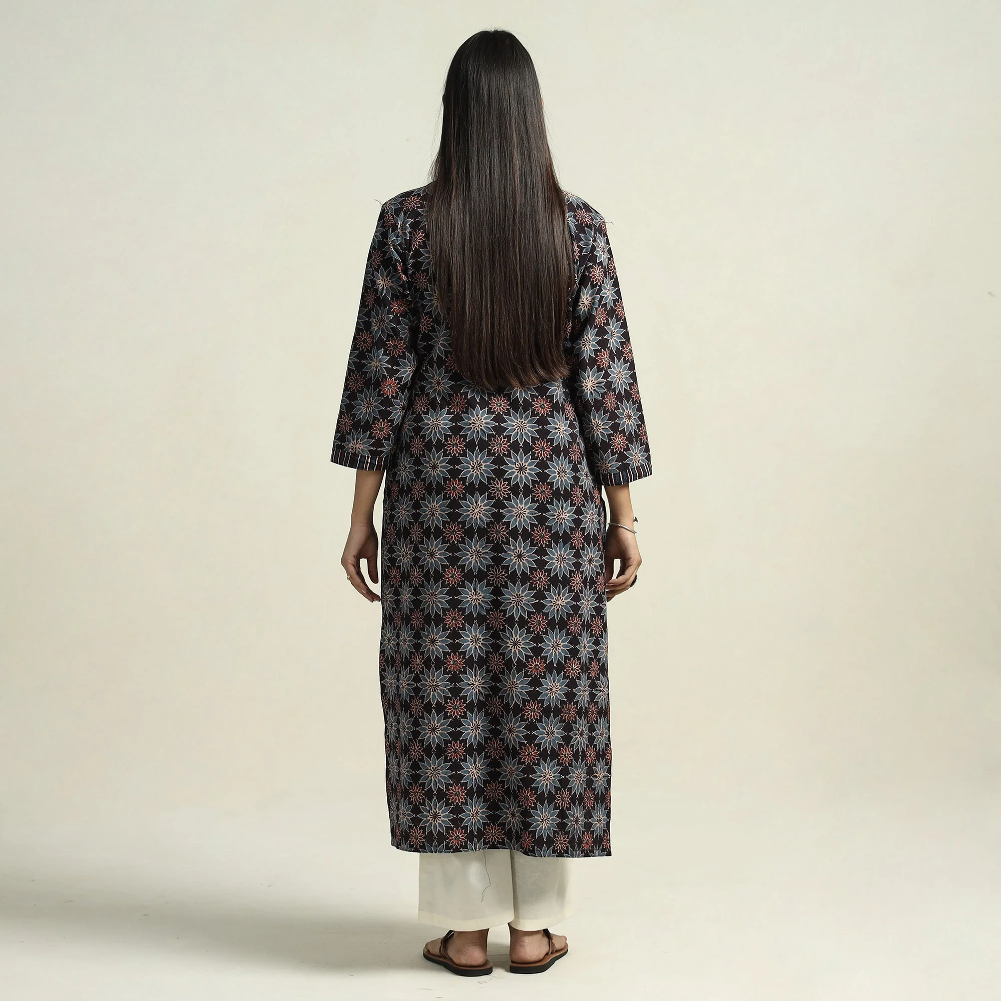 Black - Ajrakh Block Printed Cotton Straight Kurta - Image 6