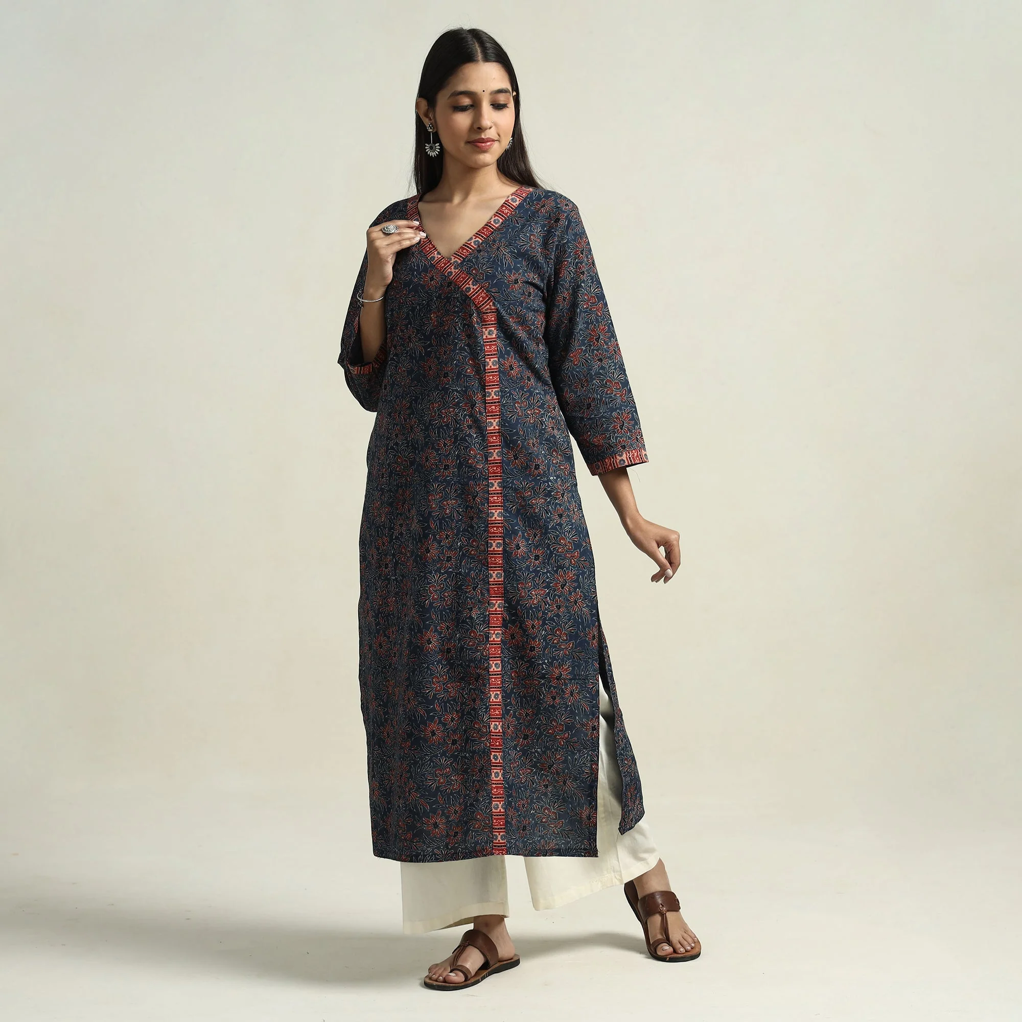 Blue - Ajrakh Block Printed Cotton Straight Kurta - Image 3