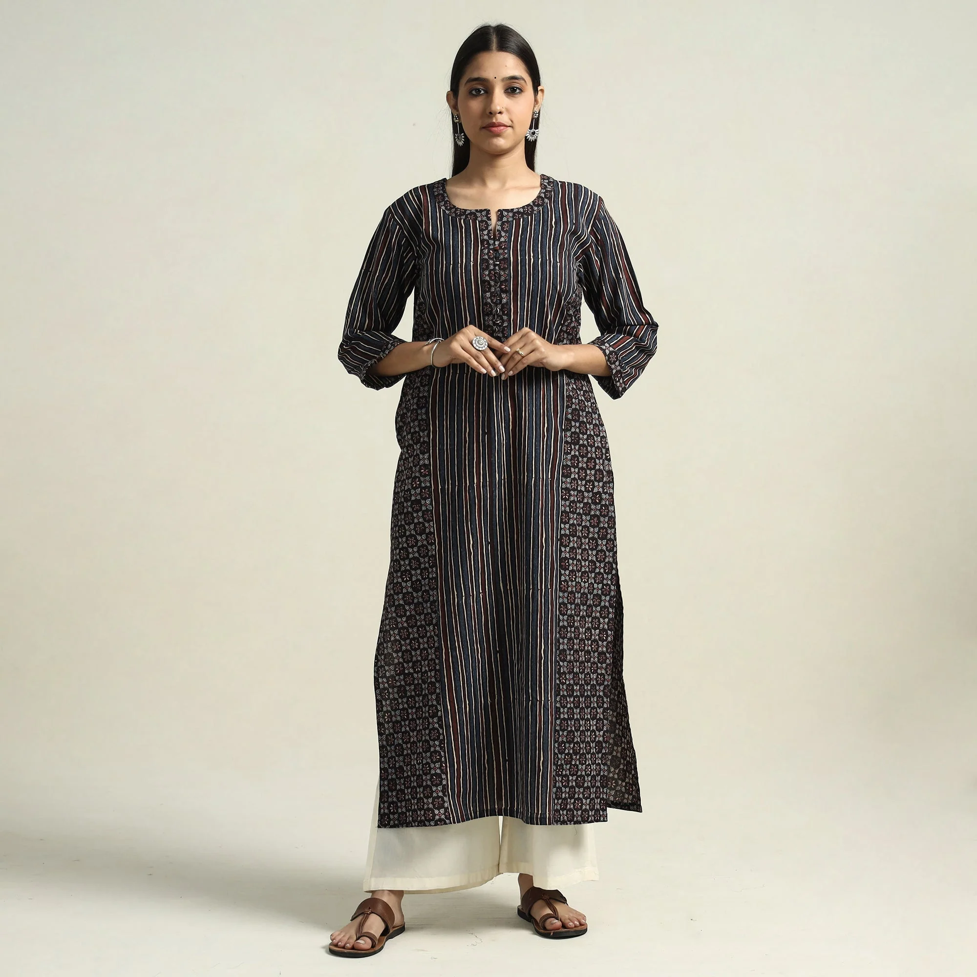 Black - Ajrakh Block Printed Cotton Straight Kurta with Patch - Image 2