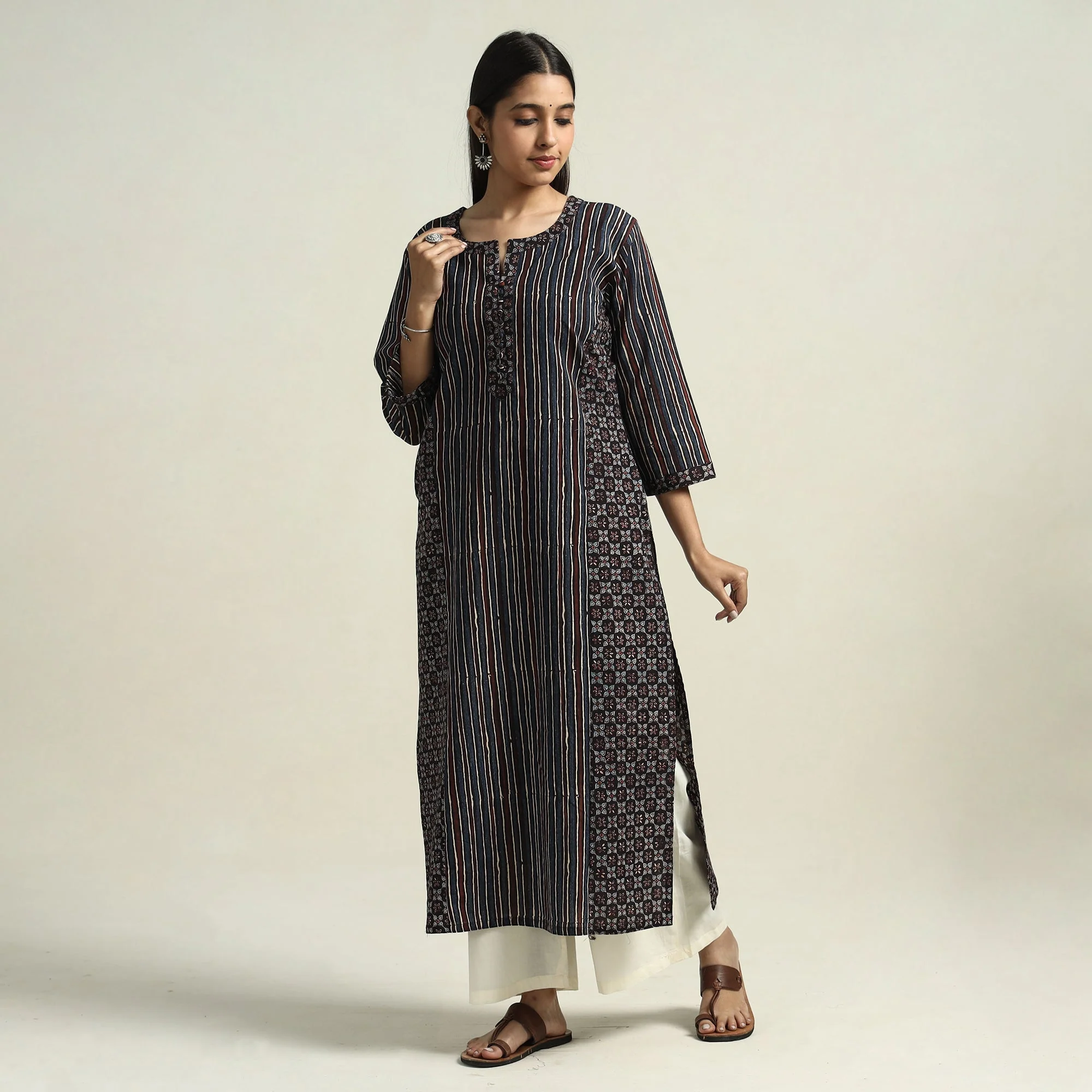 Black - Ajrakh Block Printed Cotton Straight Kurta with Patch - Image 3