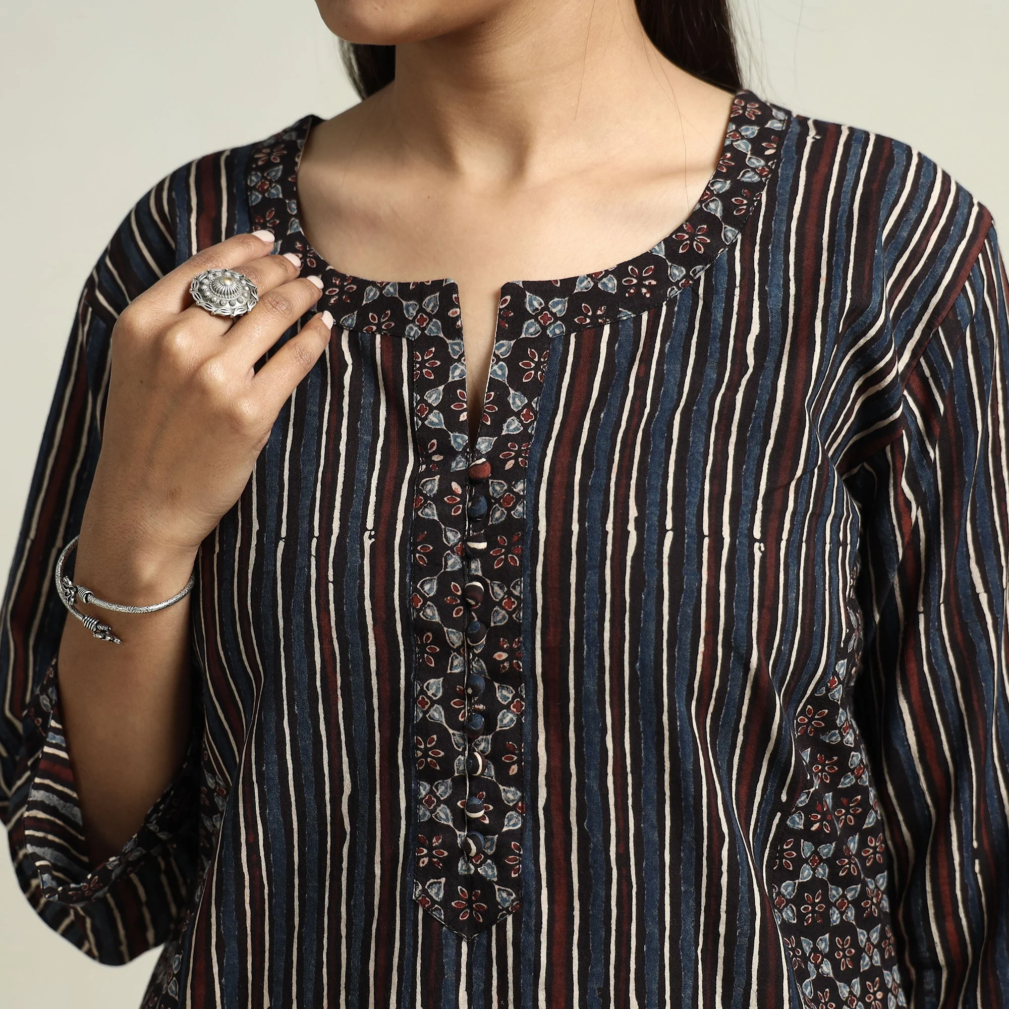 Black - Ajrakh Block Printed Cotton Straight Kurta with Patch - Image 4