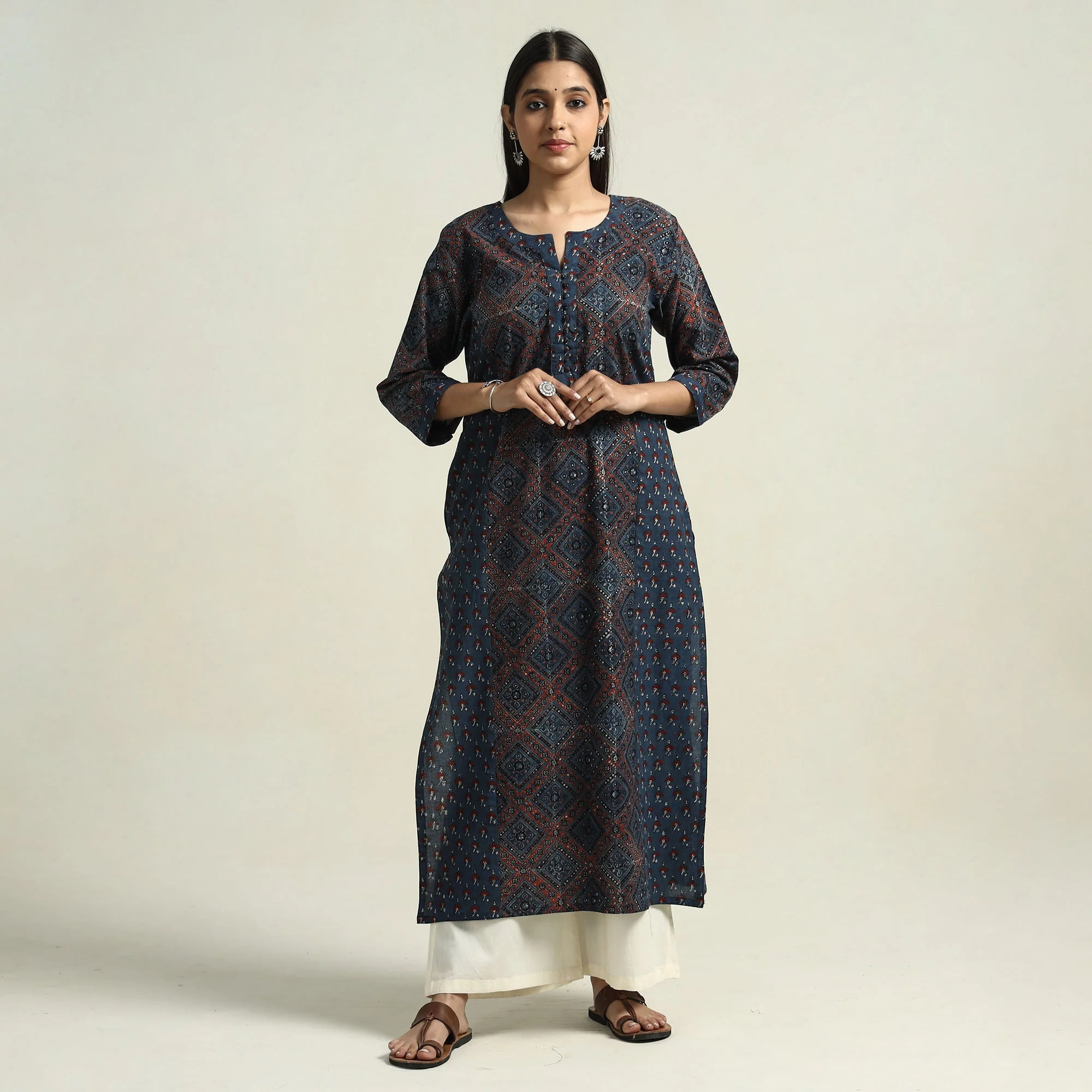 Blue - Ajrakh Block Printed Cotton Straight Kurta with Patch - Image 2