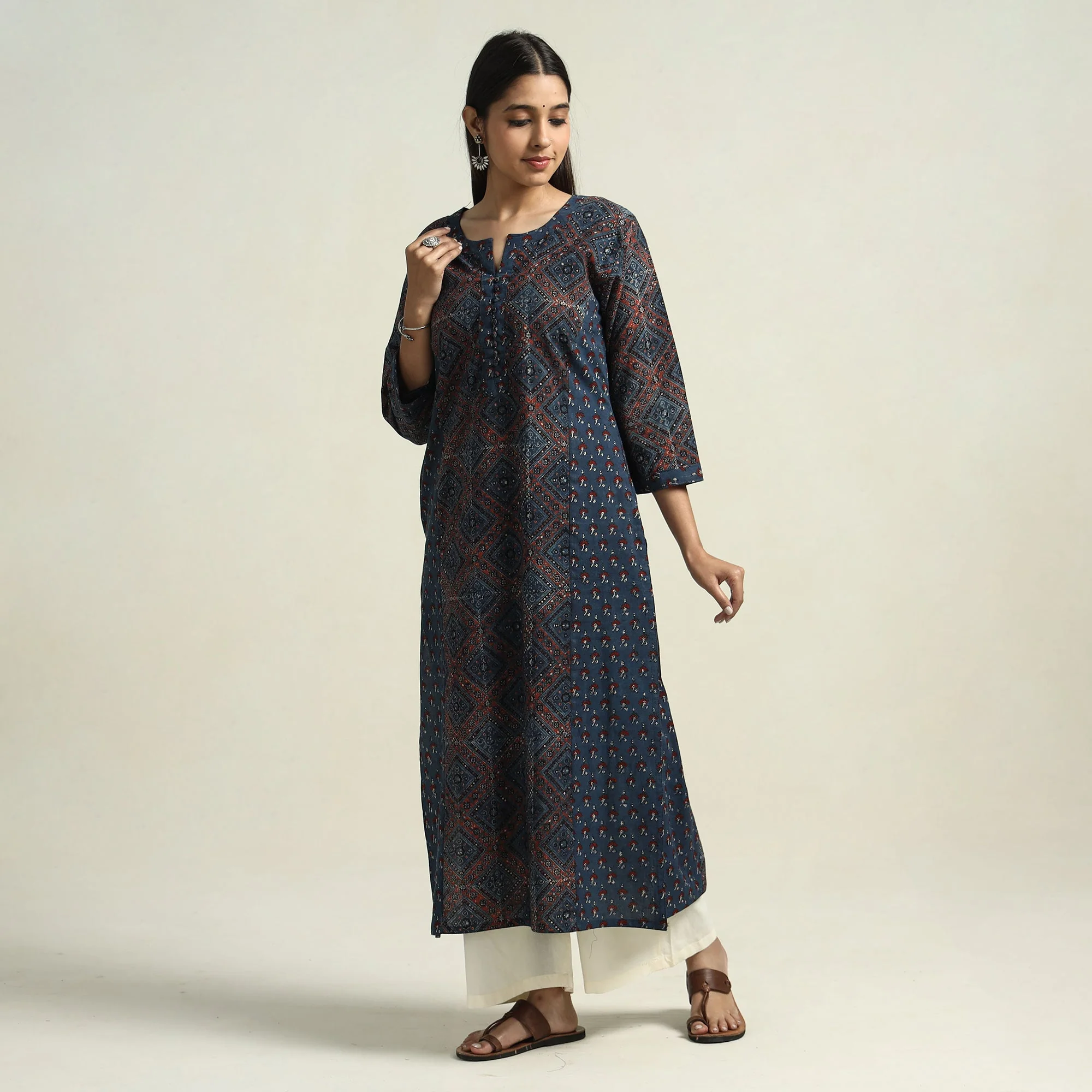 Blue - Ajrakh Block Printed Cotton Straight Kurta with Patch - Image 3