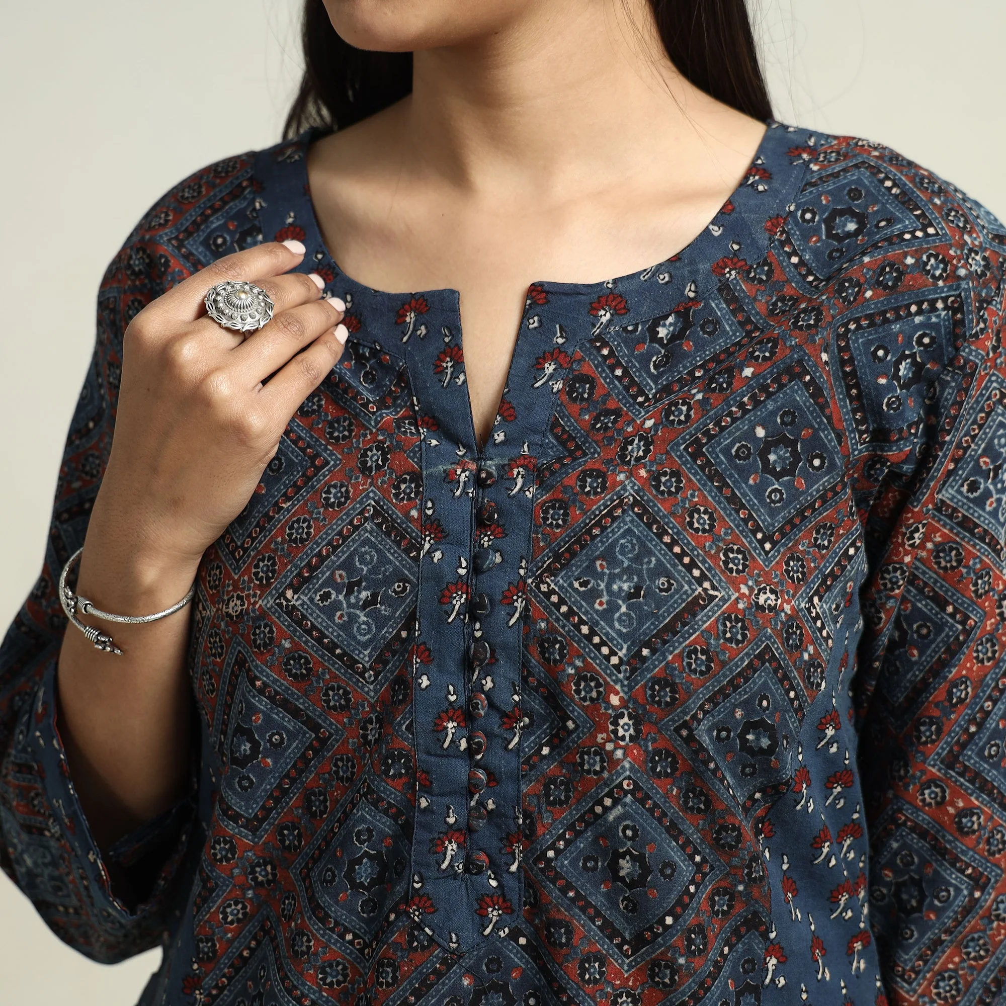 Blue - Ajrakh Block Printed Cotton Straight Kurta with Patch - Image 4