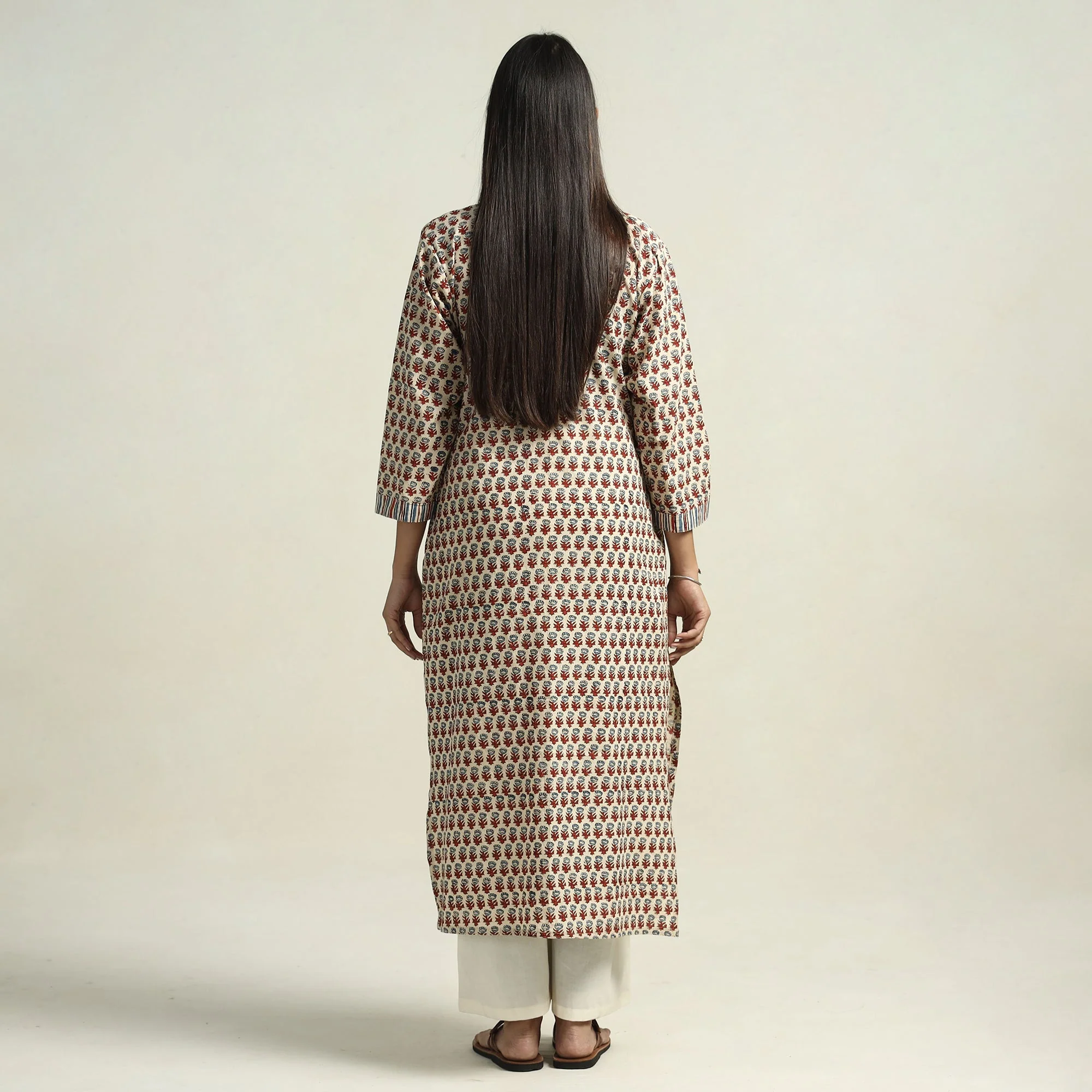 Beige - Ajrakh Block Printed Cotton Straight Kurta - Image 6