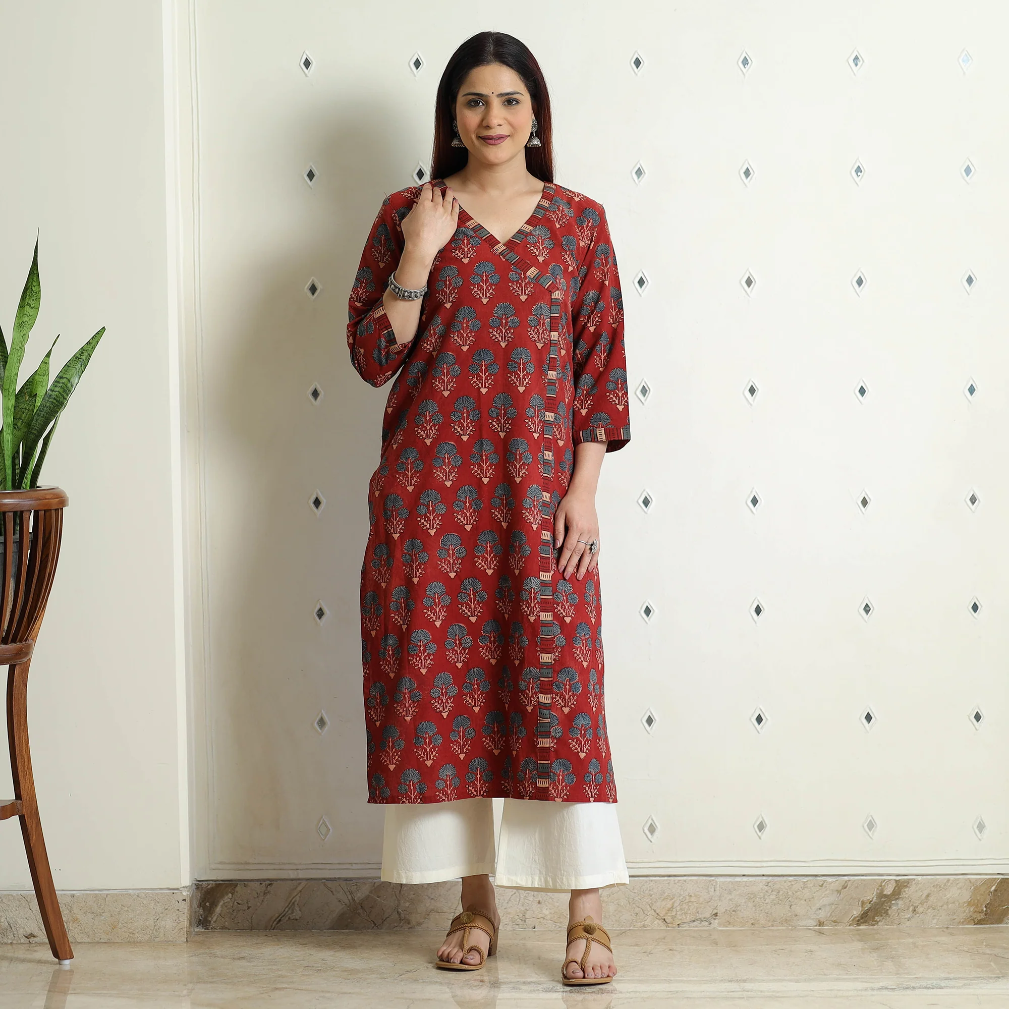 Red - Ajrakh Block Printed Cotton Straight Kurta - Image 2