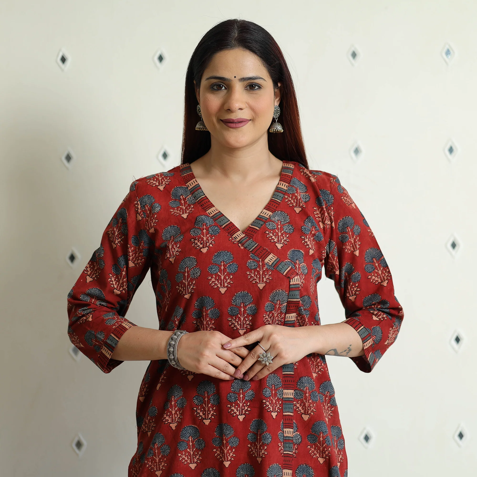 Red - Ajrakh Block Printed Cotton Straight Kurta - Image 3