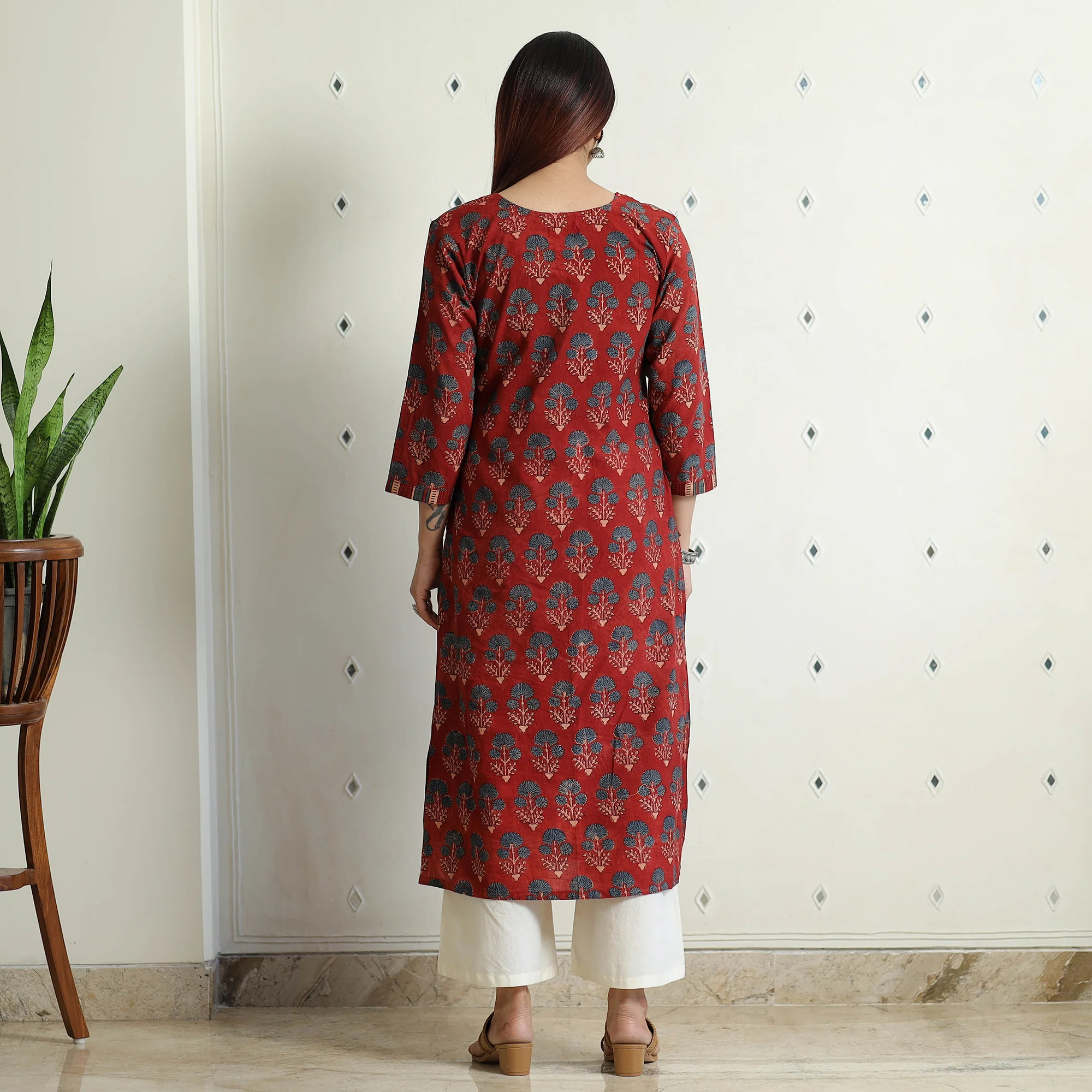 Red - Ajrakh Block Printed Cotton Straight Kurta - Image 7