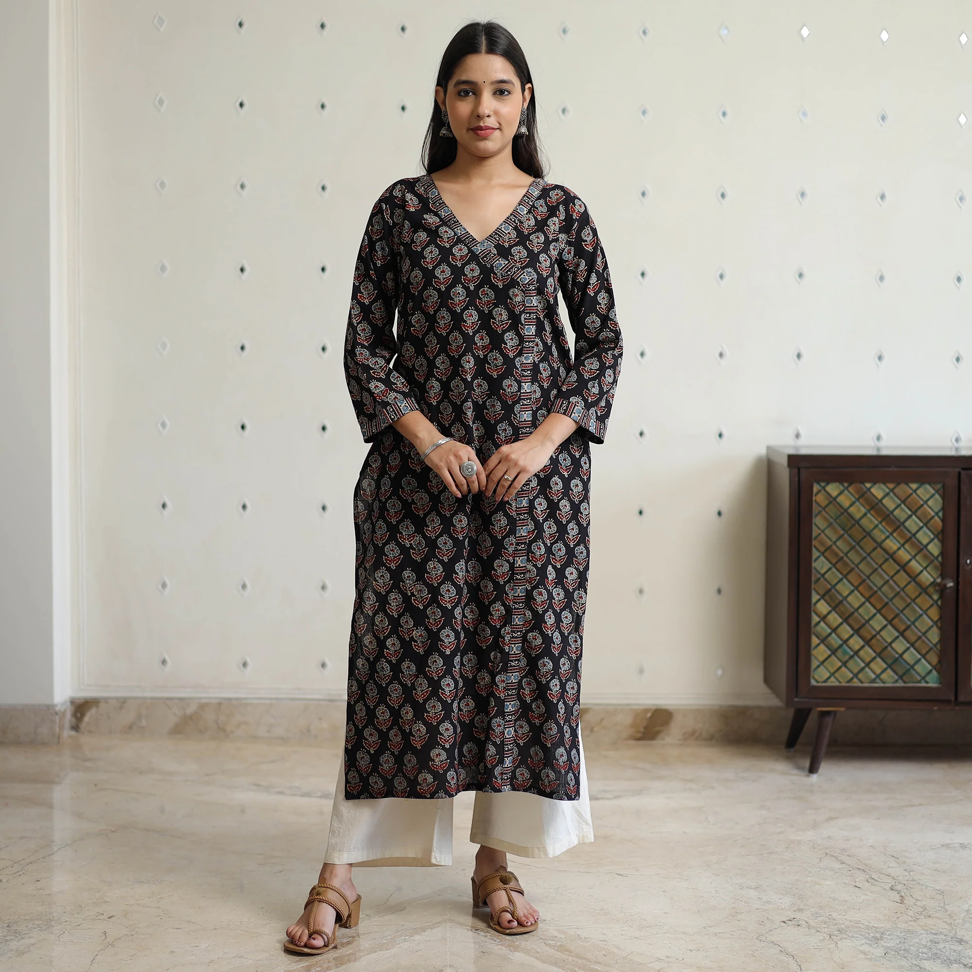 Black - Ajrakh Block Printed Cotton Straight Kurta 12 - Image 3