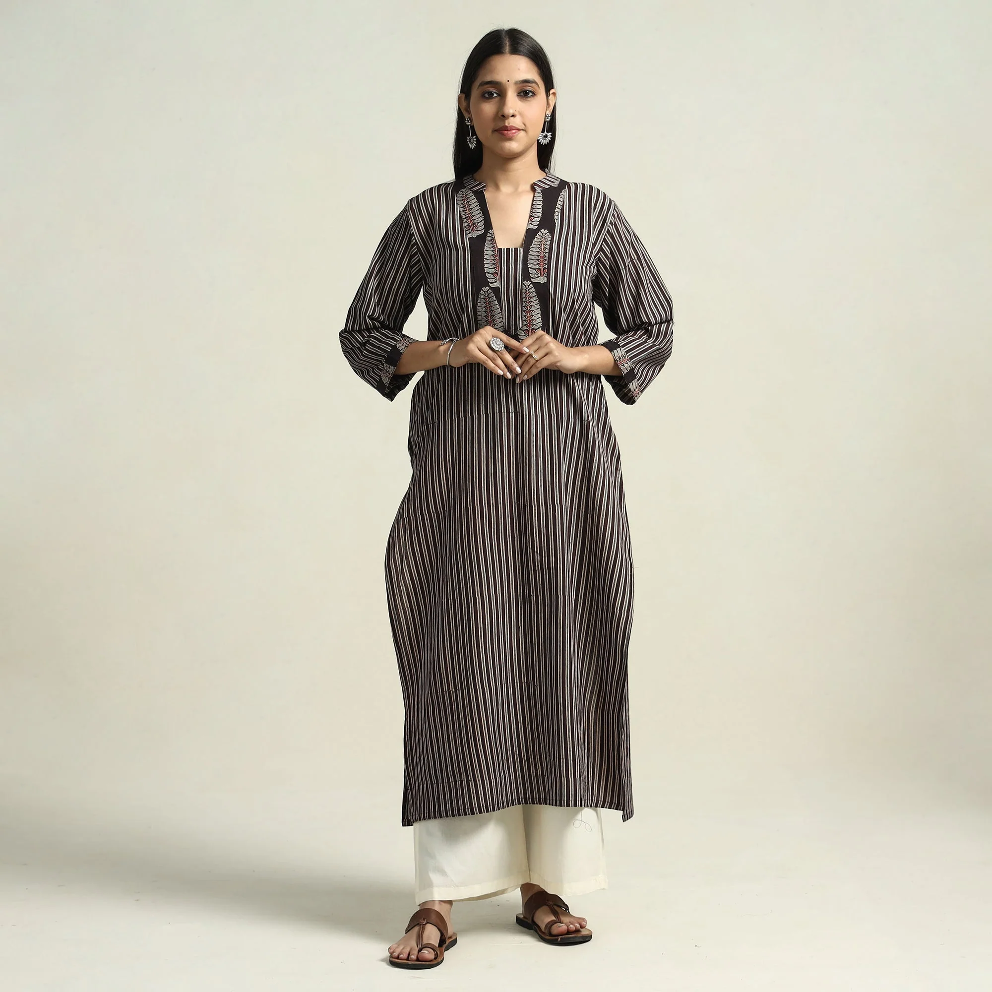 Black - Ajrakh Block Printed Cotton Straight Kurta with Patch - Image 2