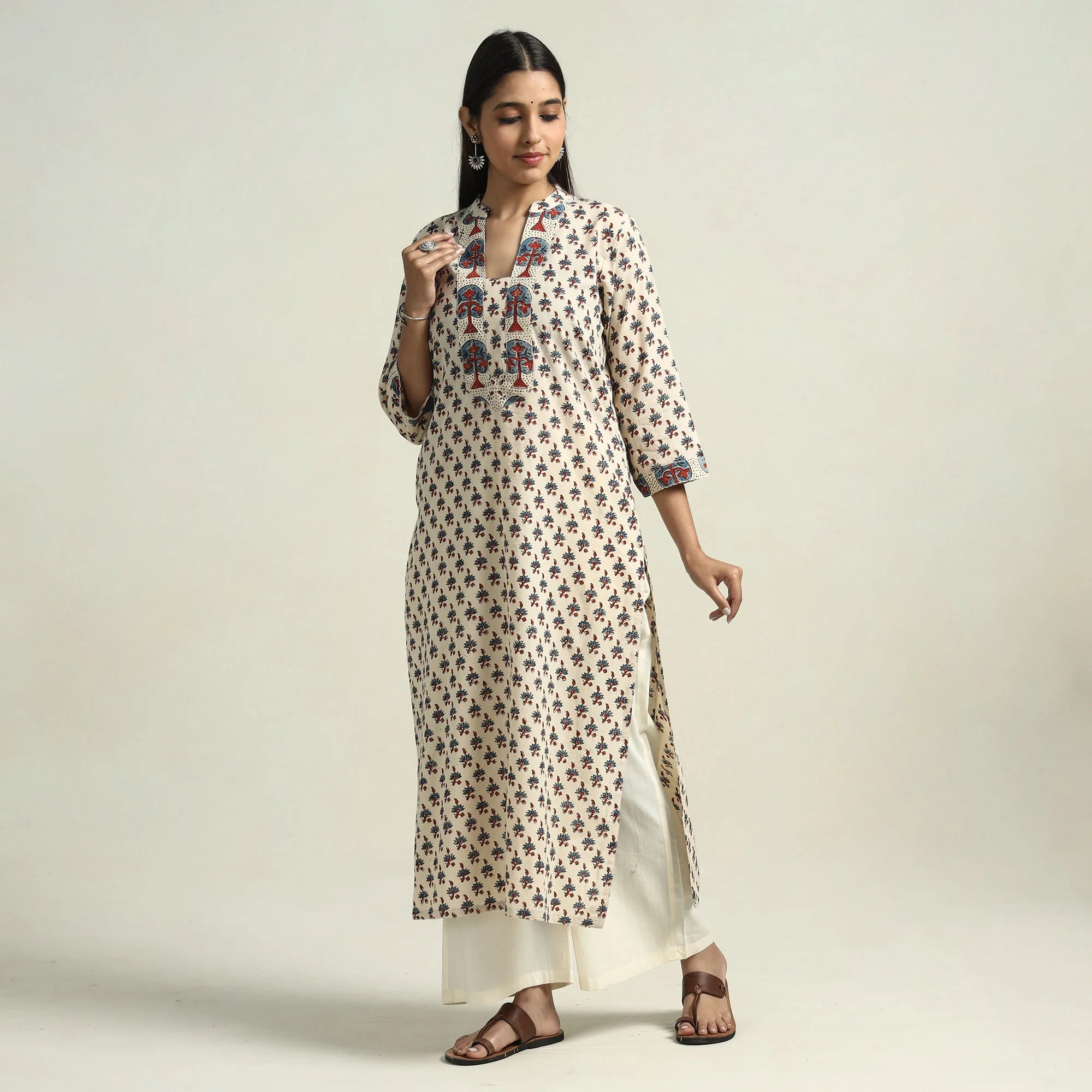 Beige - Cream - Ajrakh Block Printed Cotton Straight Kurta with Patch - Image 3