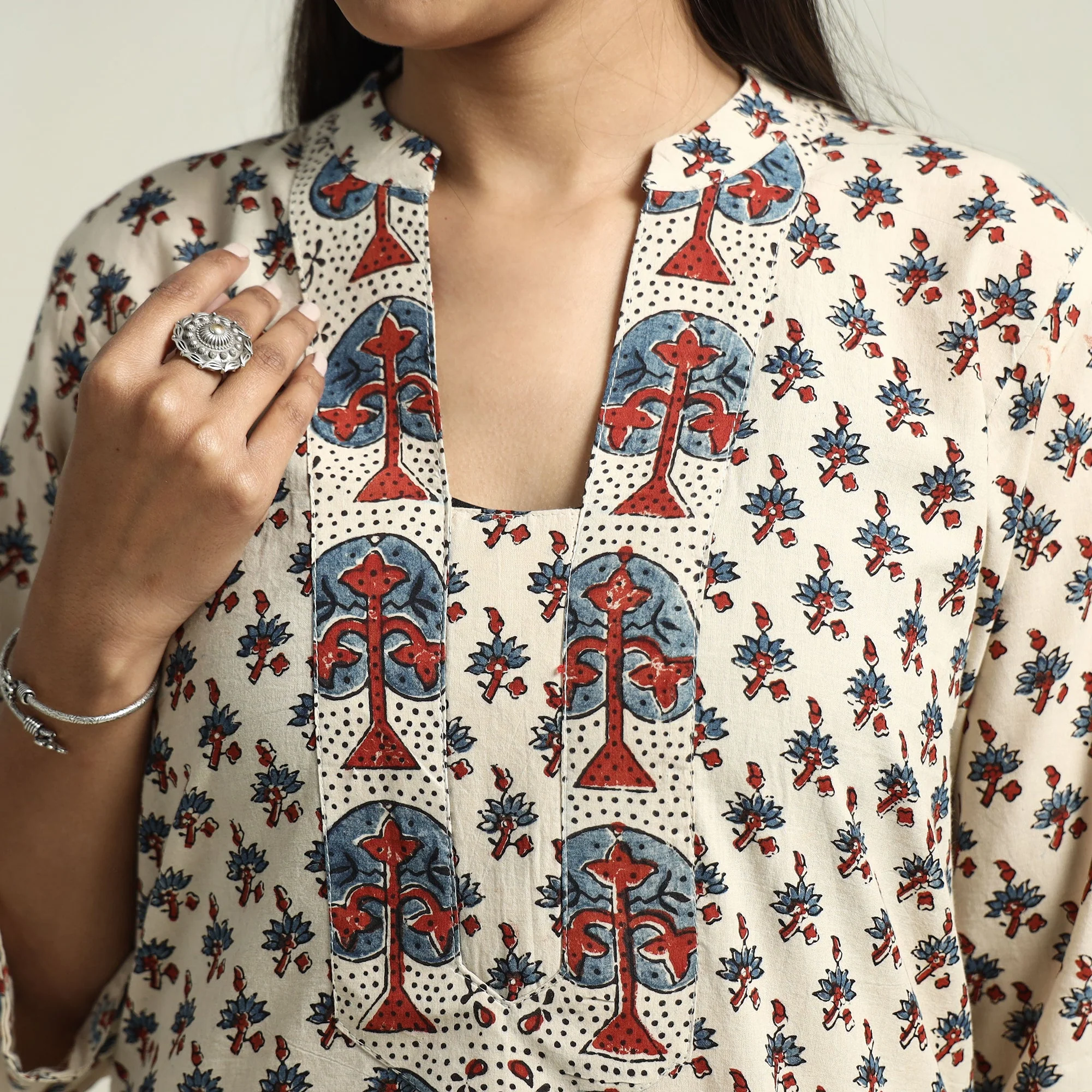 Beige - Cream - Ajrakh Block Printed Cotton Straight Kurta with Patch - Image 4
