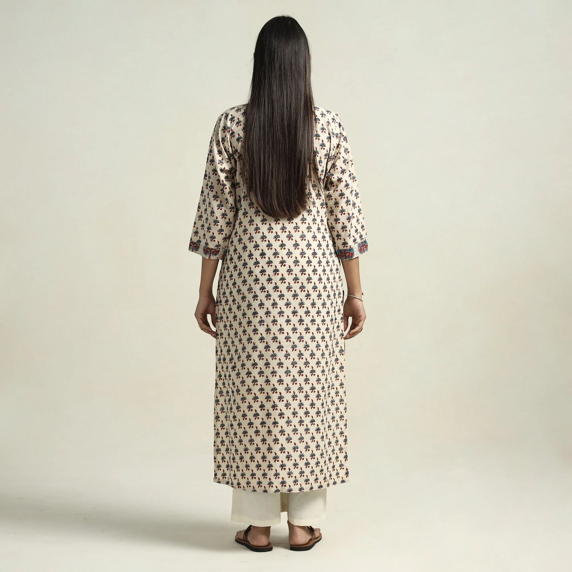 Beige - Cream - Ajrakh Block Printed Cotton Straight Kurta with Patch - Image 6