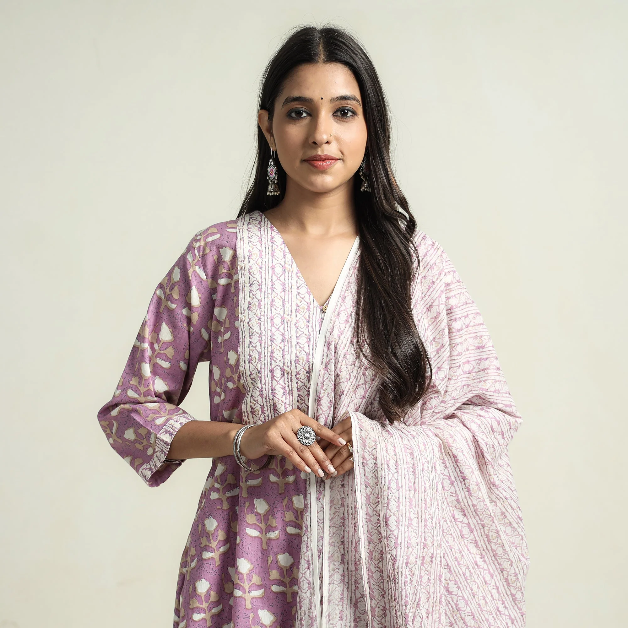 Light Purple - Jaipur Printed Cotton Kurta with Palazzo & Dupatta Set - Image 3