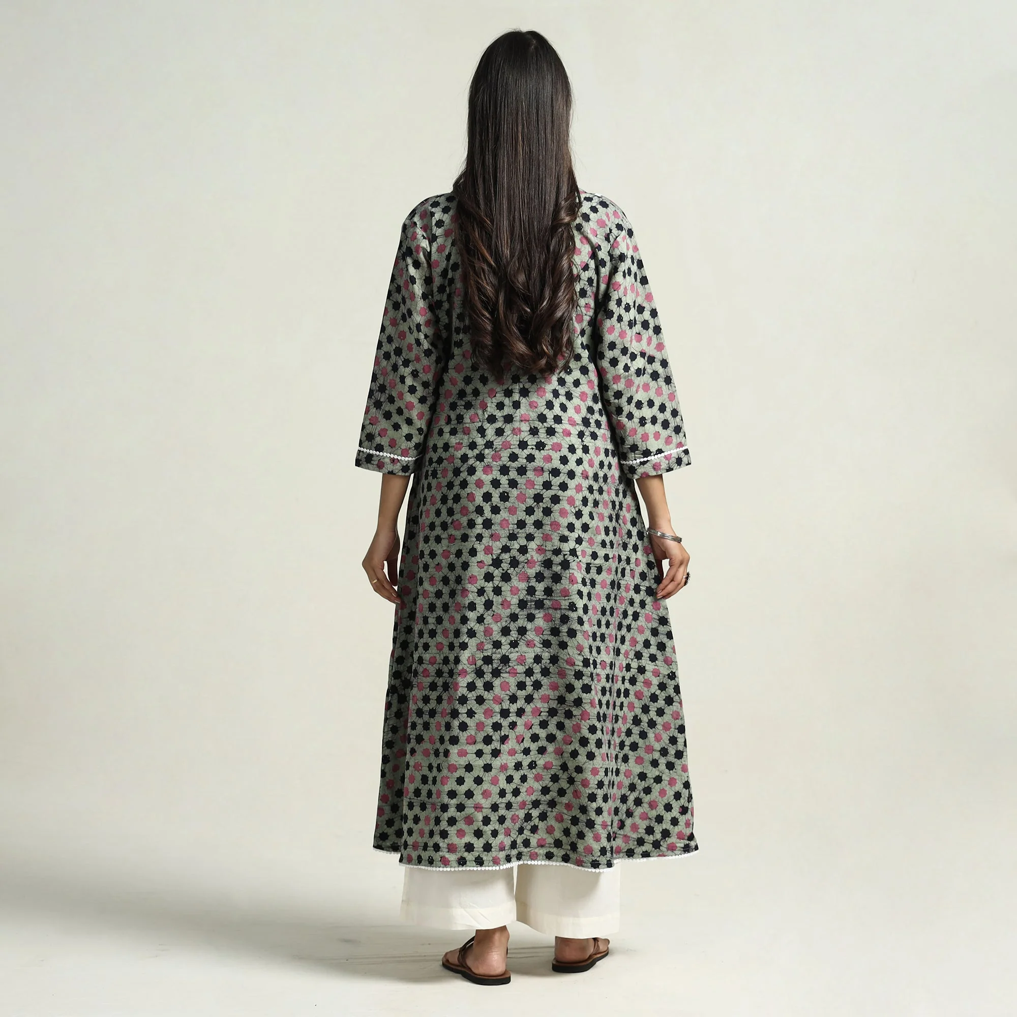 Green - Hand Batik Printed Cotton A-Line Kurta with Lace Work - Image 7