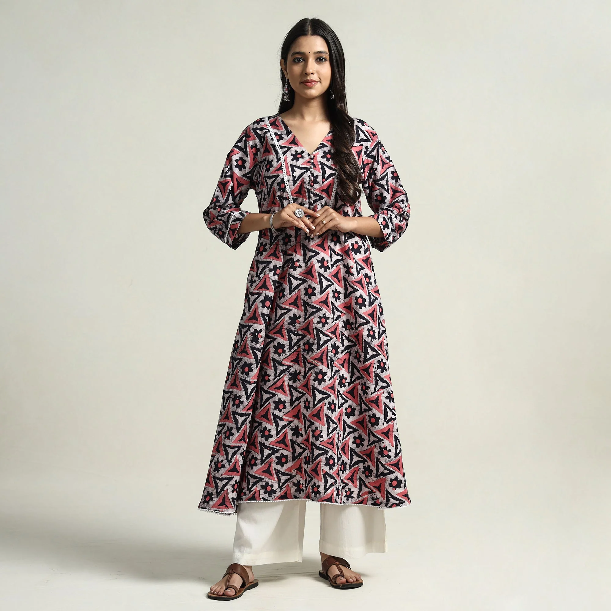 Peach - Hand Batik Printed Cotton A-Line Kurta with Lace Work - Image 2