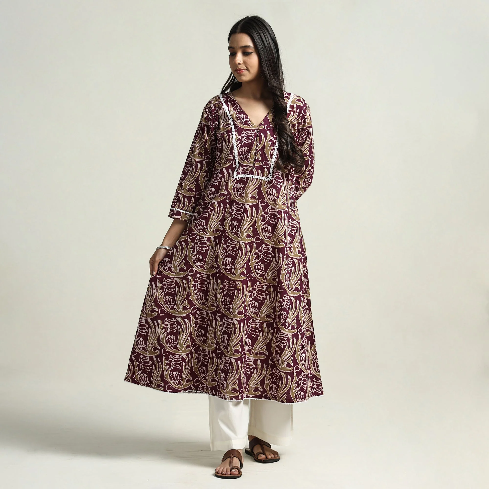 Dark Brown - Hand Batik Printed Cotton A-Line Kurta with Lace Work - Image 4