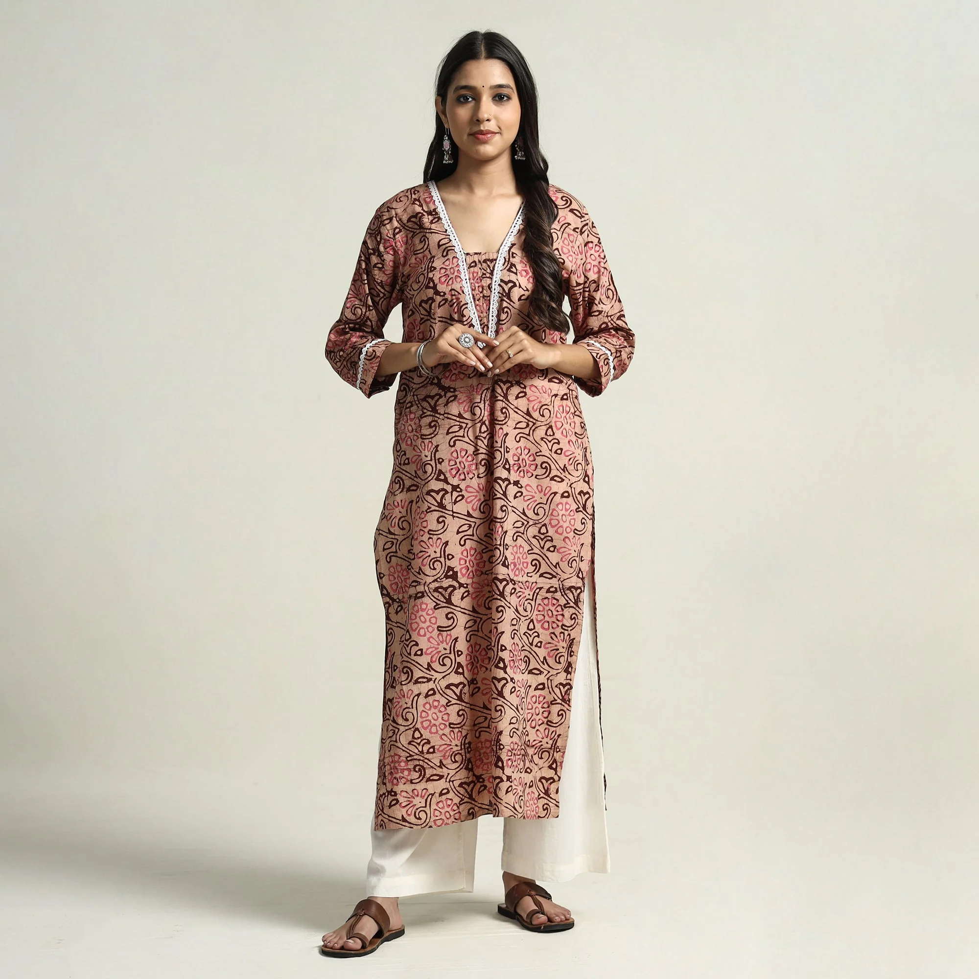 Peach - Hand Batik Printed Cotton Straight Kurta with Lace Work - Image 2