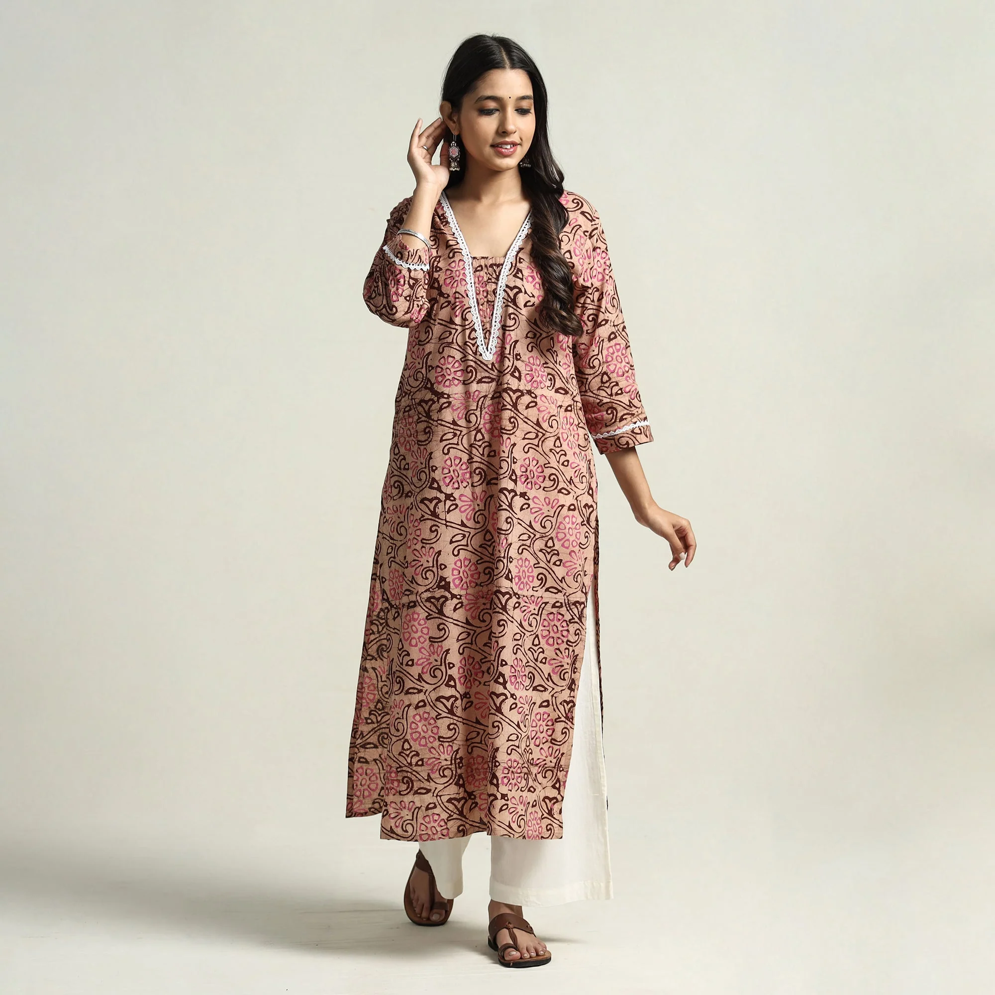 Peach - Hand Batik Printed Cotton Straight Kurta with Lace Work - Image 3