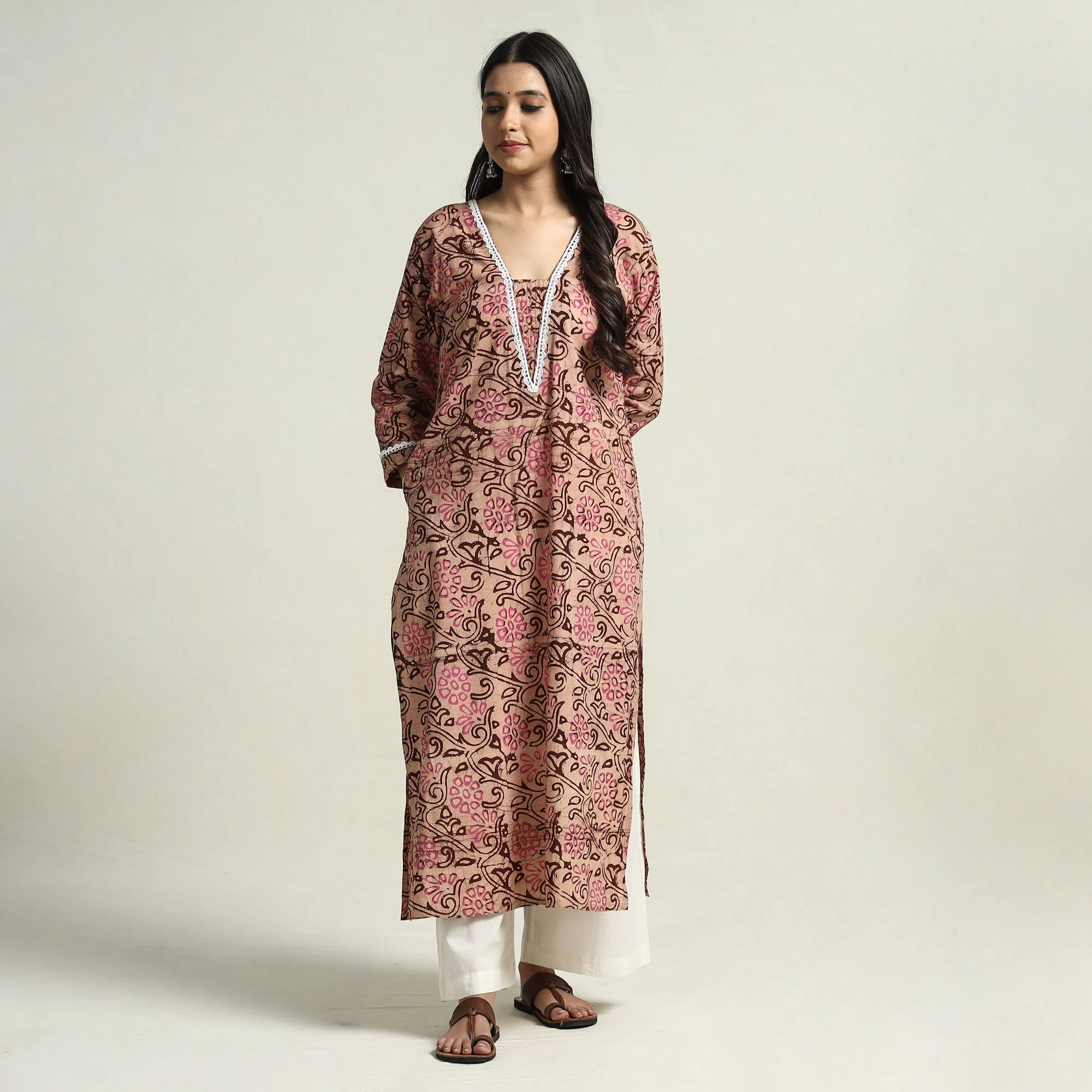 Peach - Hand Batik Printed Cotton Straight Kurta with Lace Work - Image 4