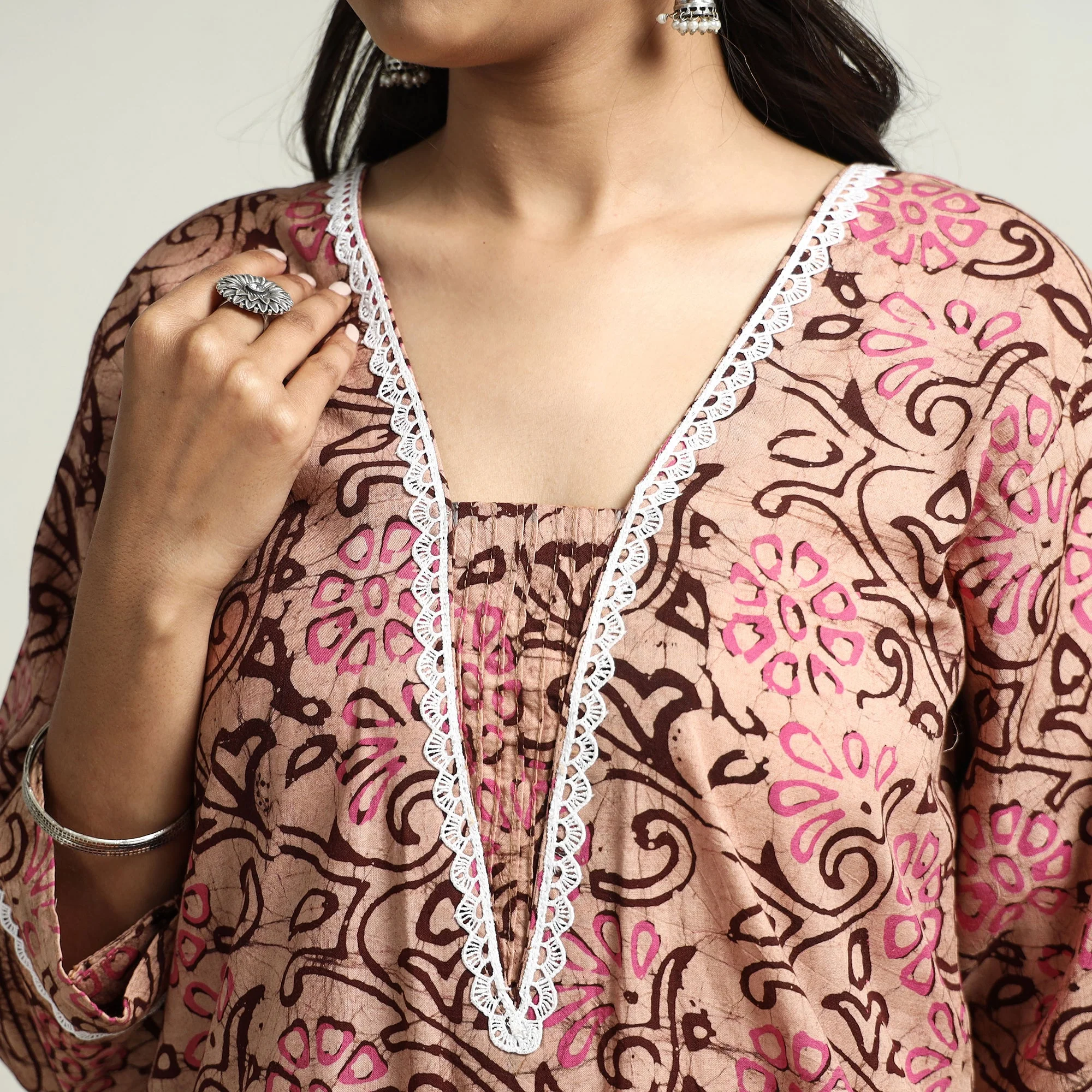 Peach - Hand Batik Printed Cotton Straight Kurta with Lace Work - Image 5